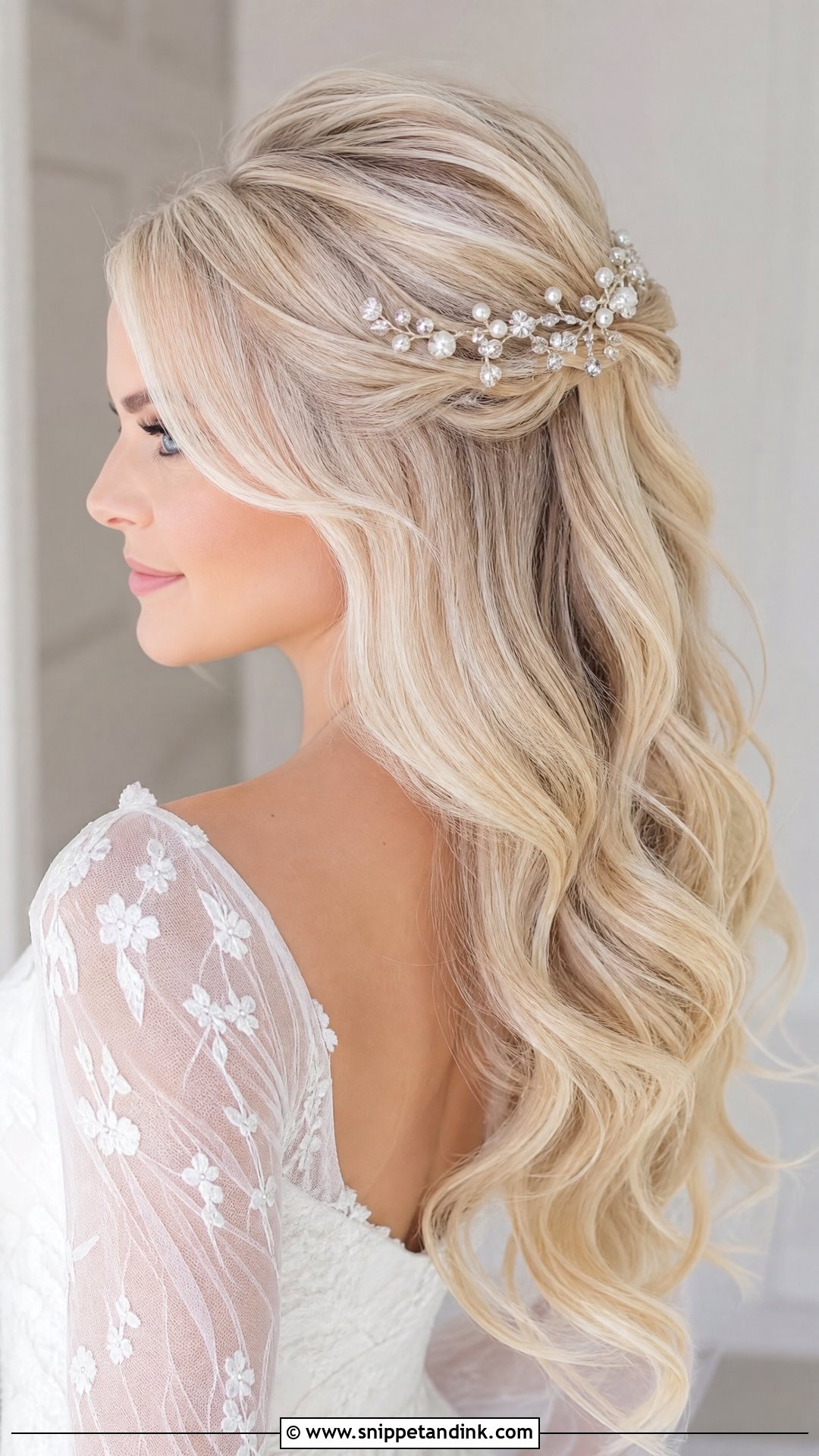Blonde Half Up Wedding Hair With Hair Vine - Snippet and Ink - 15 Blonde Half-Up Wedding Hair Ideas