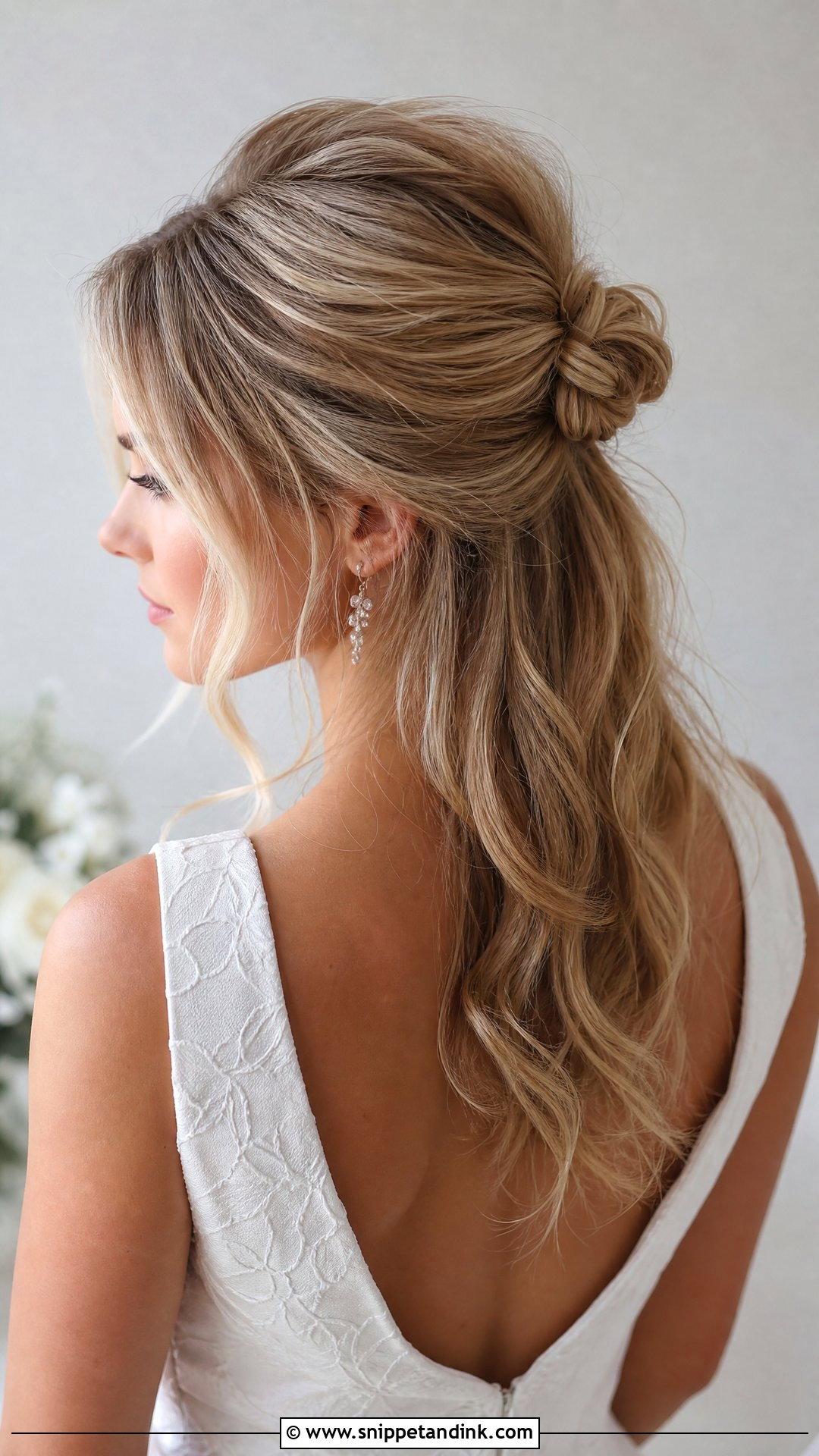 Blonde Half Up Wedding Hair With Small Bun - Snippet and Ink - 15 Blonde Half-Up Wedding Hair Ideas