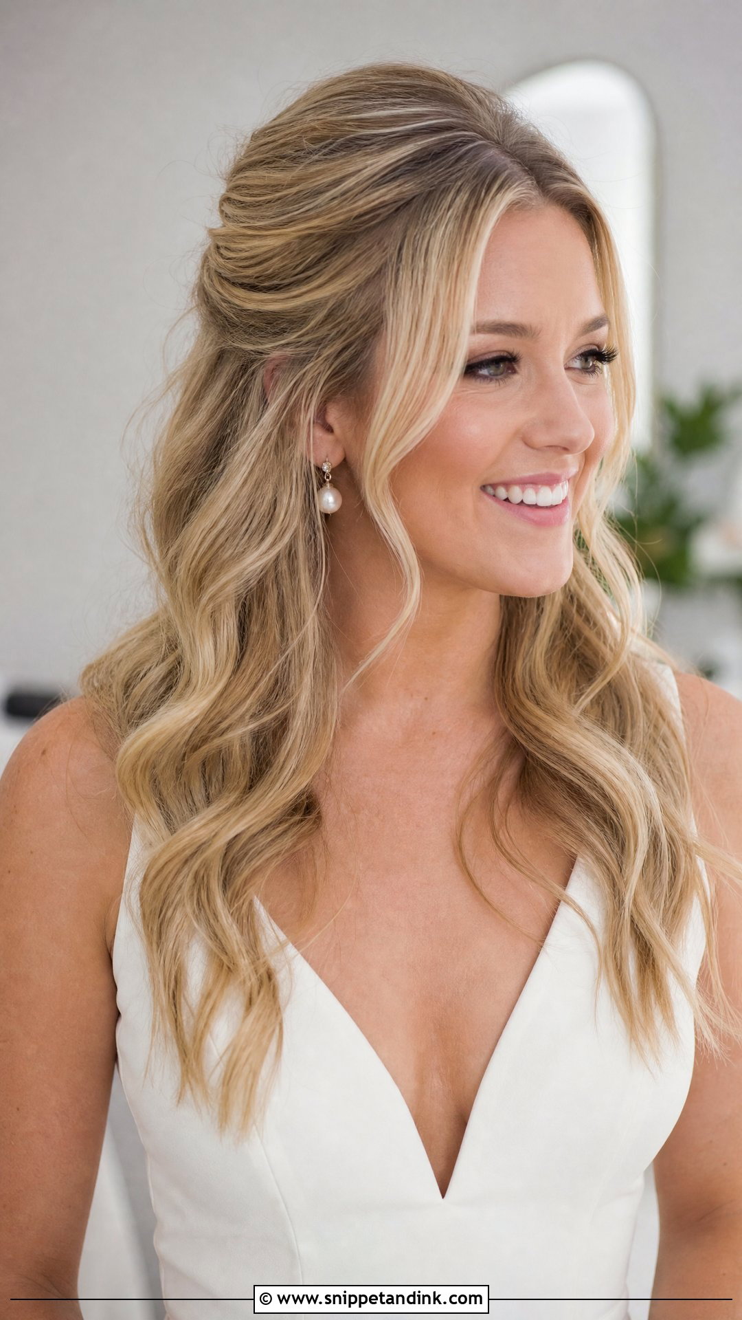 Blonde Half Up Wedding Hair With Soft Waves - Snippet and Ink - 15 Blonde Half-Up Wedding Hair Ideas