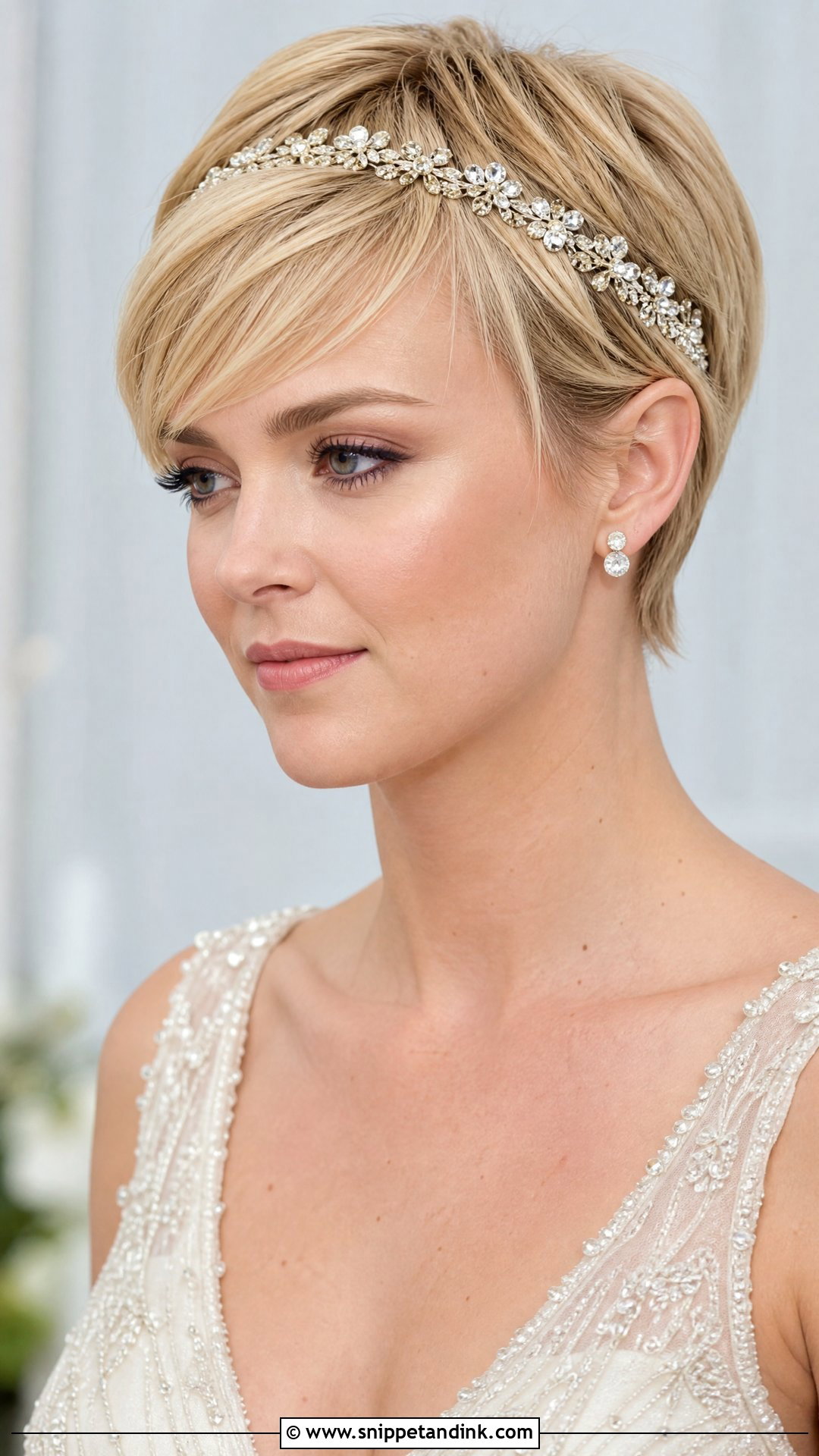 Blonde Pixie Cut With a Jeweled Headband - Snippet and Ink - 20 Short Blonde Wedding Hair Ideas