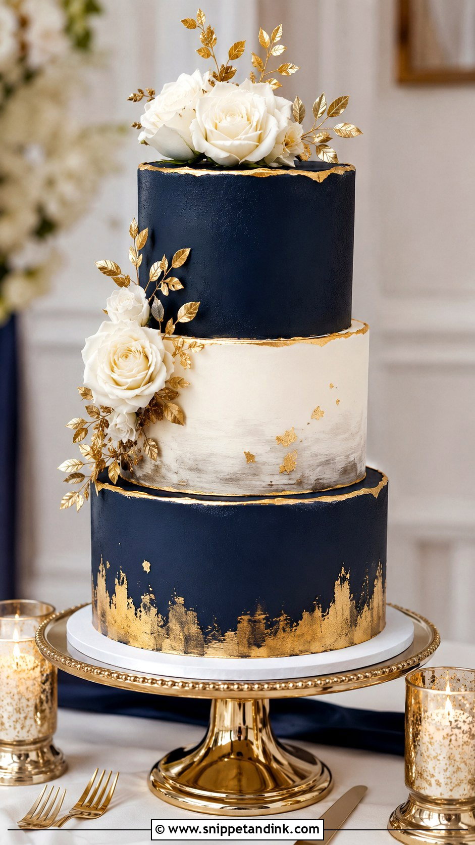 Blue And Gold Wedding Cake - Snippet and Ink - 25 Something Blue Cake Ideas