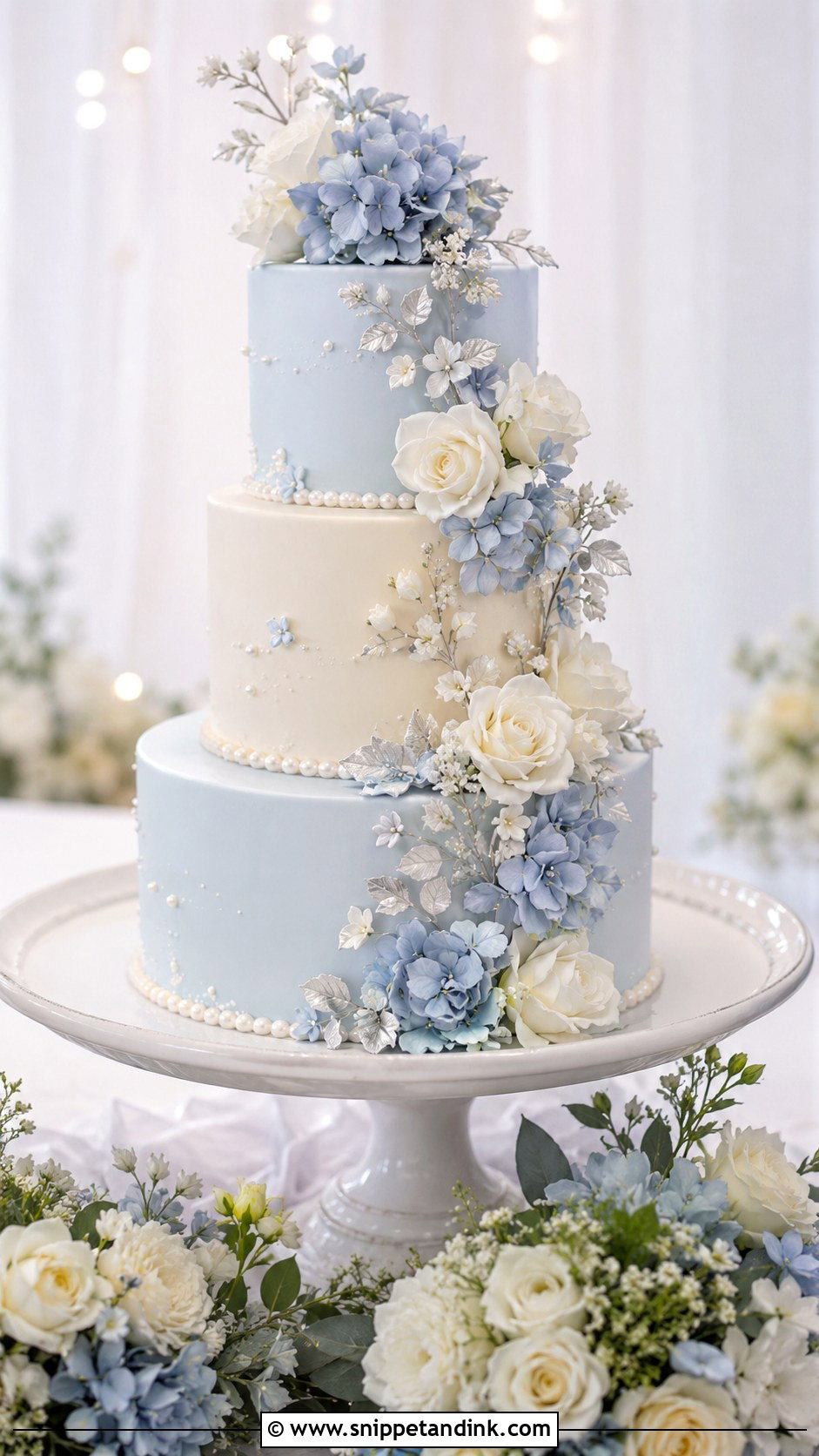 Blue And Silver Floral Wedding Cake - Snippet and Ink - 20 Silver and Blue Cake Ideas for Wedding