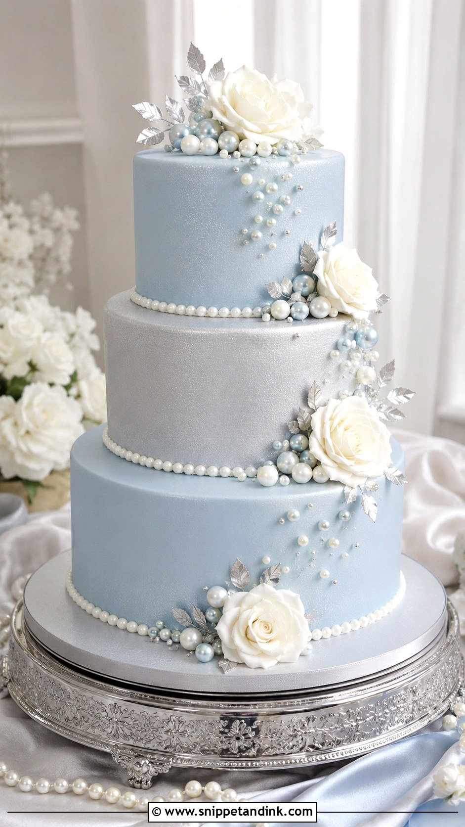 Blue And Silver Pearl Wedding Cake - Snippet and Ink - 20 Silver and Blue Cake Ideas for Wedding