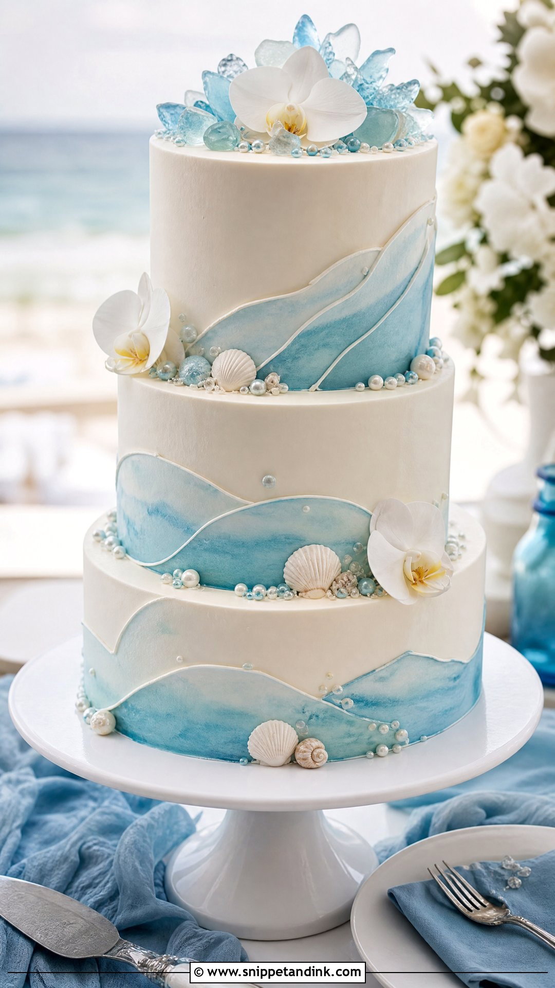 Blue And White Beach Wedding Cake - Snippet and Ink - 30 Beach Theme Cake Ideas for Wedding