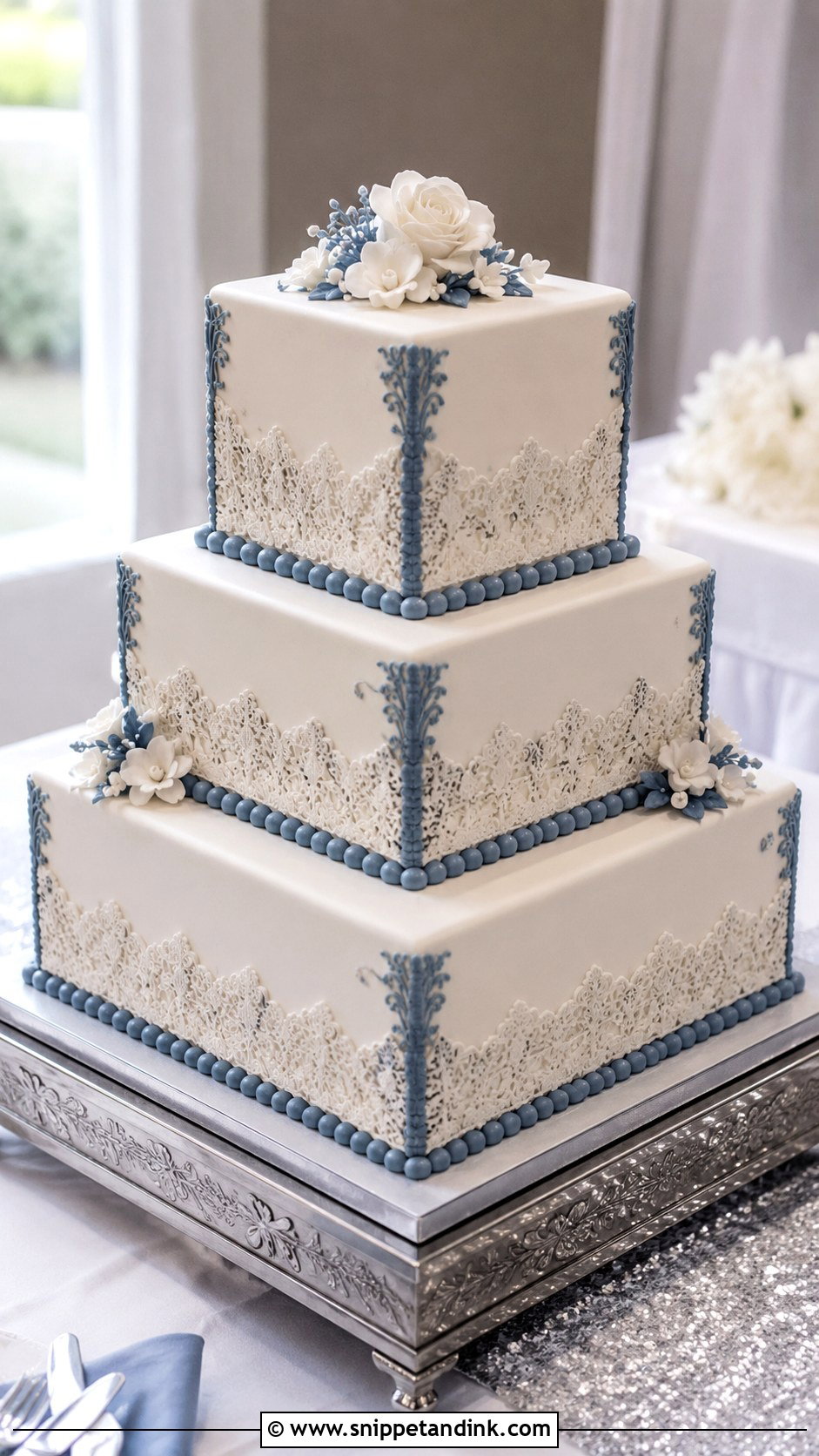 Blue And White Square Wedding Cake - Snippet and Ink - 20 White and Blue Vintage Cake Ideas for Wedding