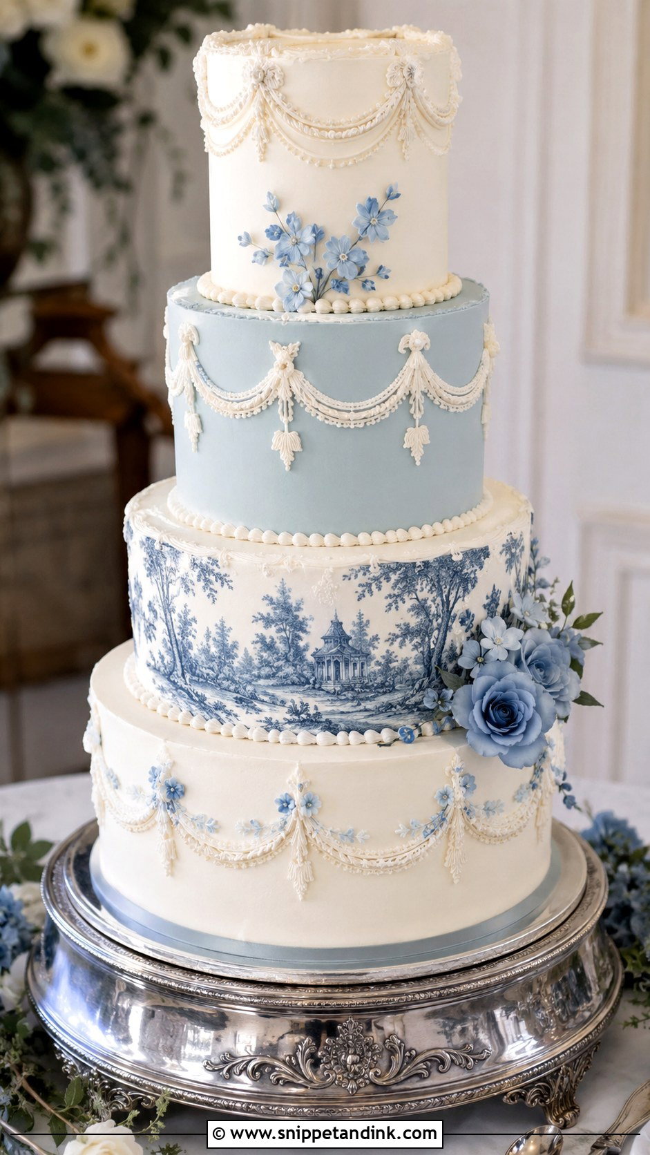 Blue And White Tiered Wedding Cake - Snippet and Ink - 20 White and Blue Vintage Cake Ideas for Wedding