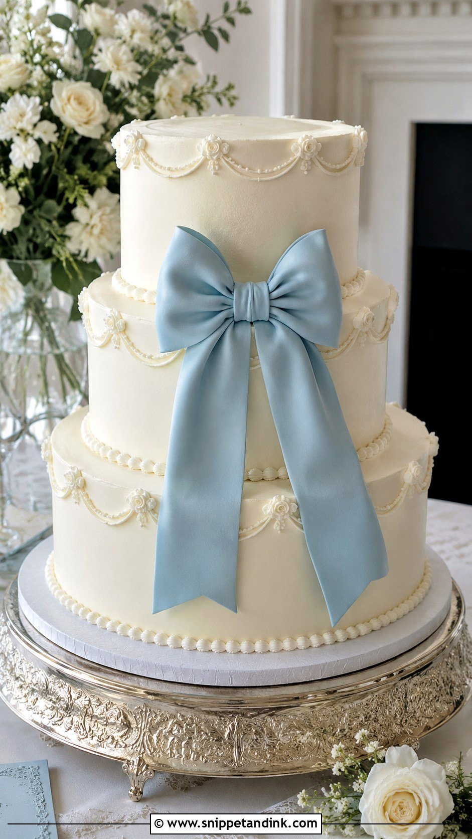 Blue Bow Wedding Cake - Snippet and Ink - 20 White and Blue Vintage Cake Ideas for Wedding