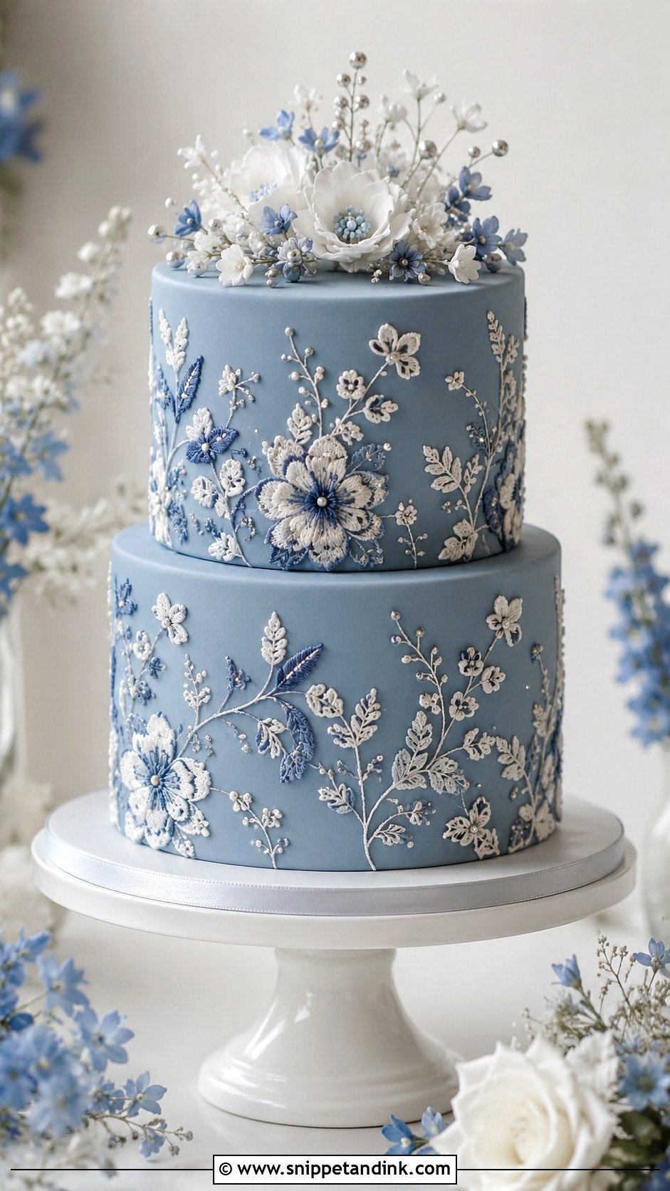 Blue Brush Embroidery Wedding Cake - Snippet and Ink - 20 Brush Embroidery Wedding Cake Ideas