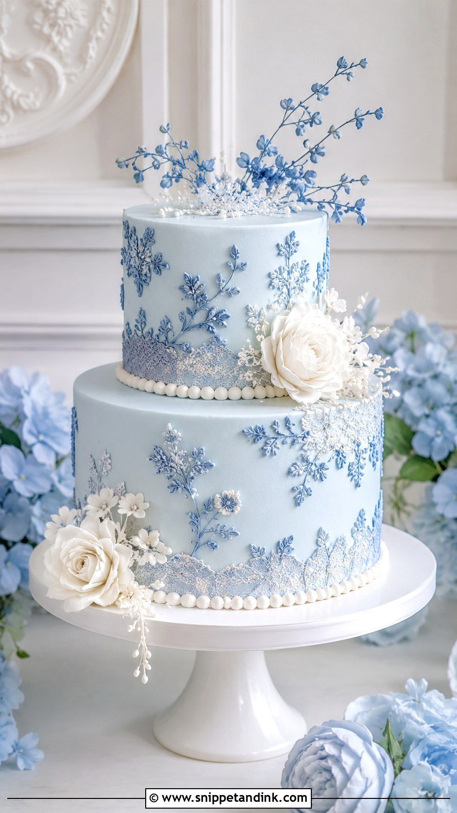 Blue Embroidery Wedding Cake - Snippet and Ink - 20 Embroidery Cake Design Ideas for Wedding