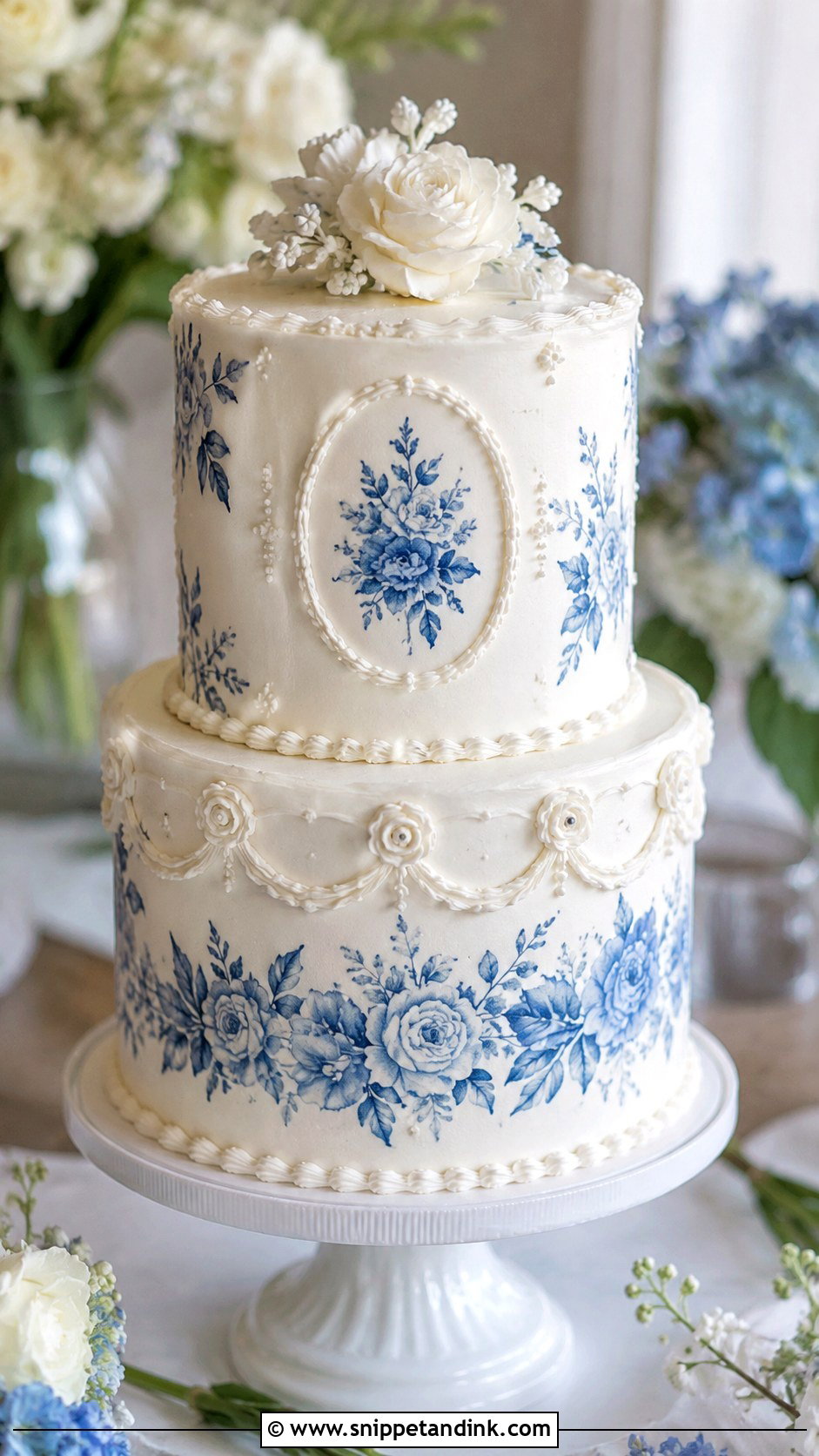 Blue Floral Vintage Wedding Cake - Snippet and Ink - 20 White and Blue Vintage Cake Ideas for Wedding
