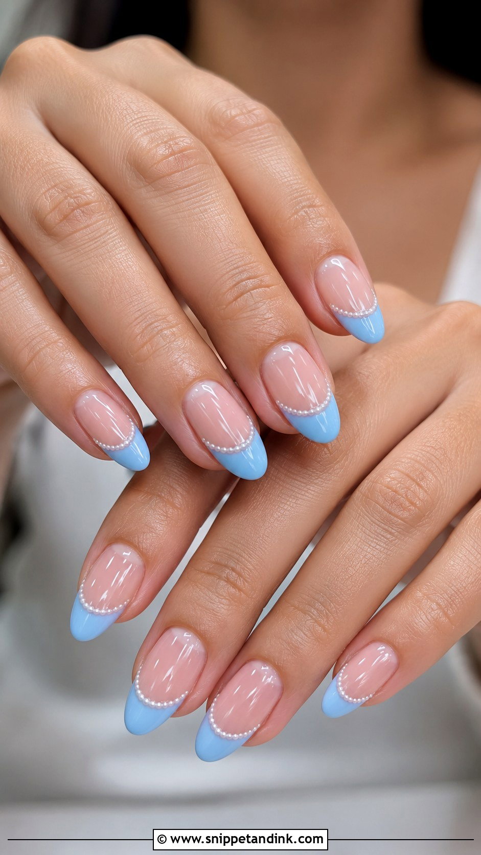 Blue French Tip With Pearl Nails - Snippet and Ink - 20 Something Blue Wedding Nails
