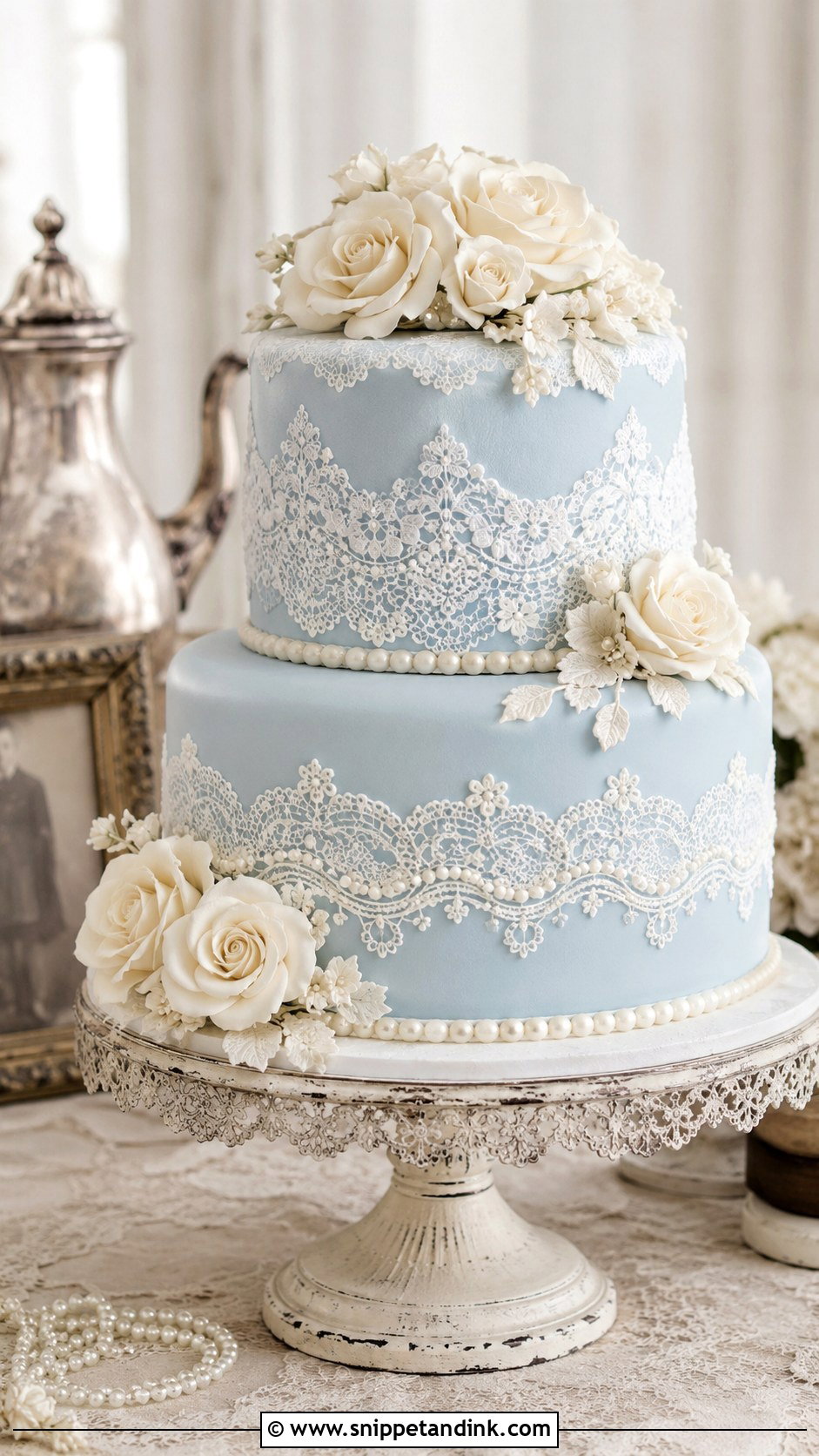 Blue Lace Two Tier Wedding Cake - Snippet and Ink - 20 Blue Two Tier Cake Ideas for Wedding