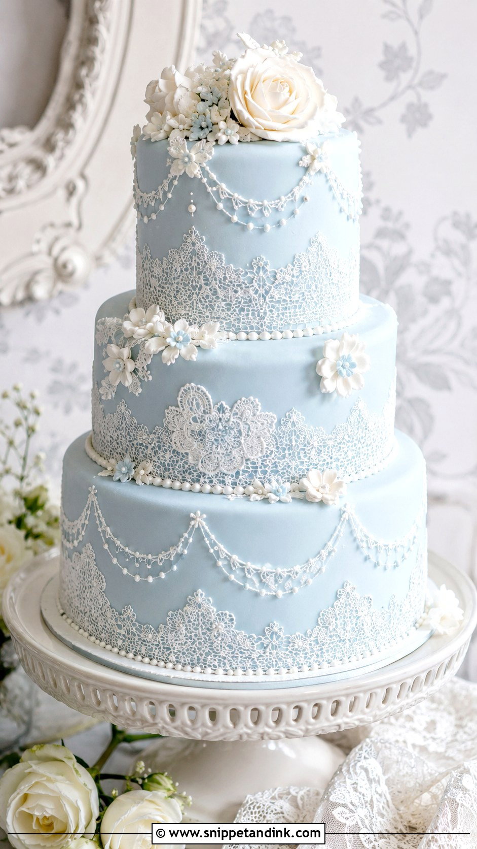 Blue Lace Wedding Cake - Snippet and Ink - 20 White and Blue Vintage Cake Ideas for Wedding