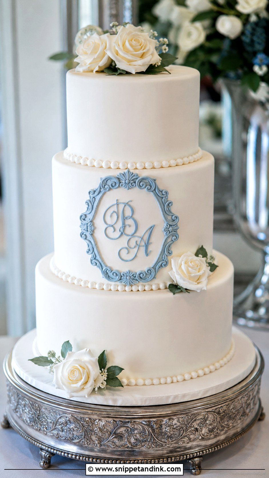 Blue Monogram Wedding Cake - Snippet and Ink - 20 White and Blue Vintage Cake Ideas for Wedding