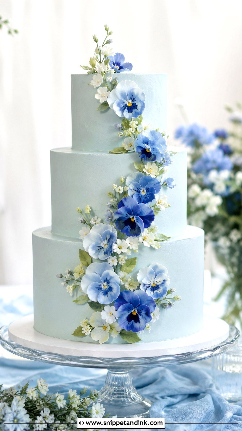 Blue Pansy Wedding Cake - Snippet and Ink - 20 Pansy Wedding Cake Ideas