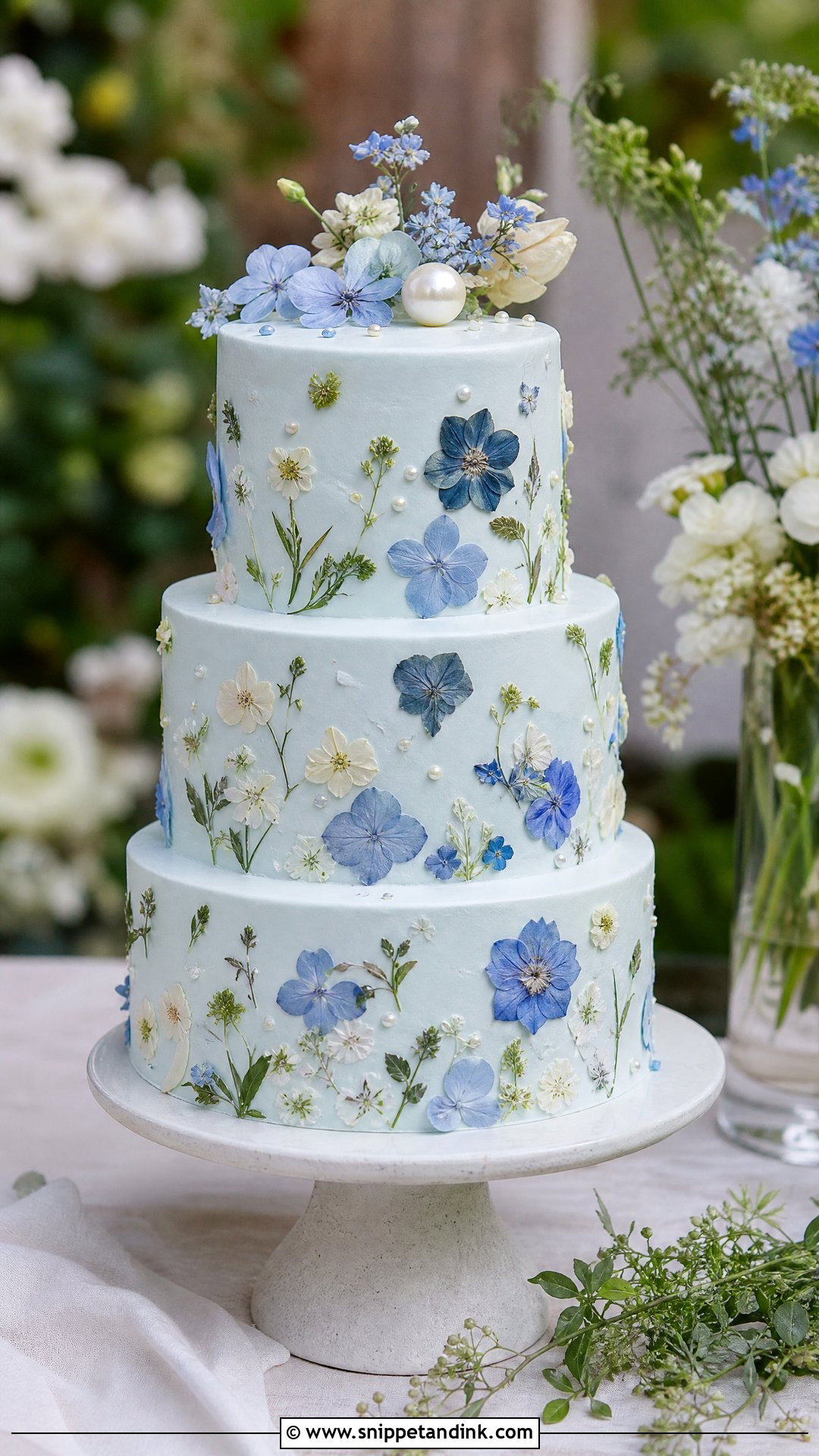 Blue Pressed Flower Wedding Cake - Snippet and Ink - 30 Blue Cake Aesthetic Ideas for Wedding