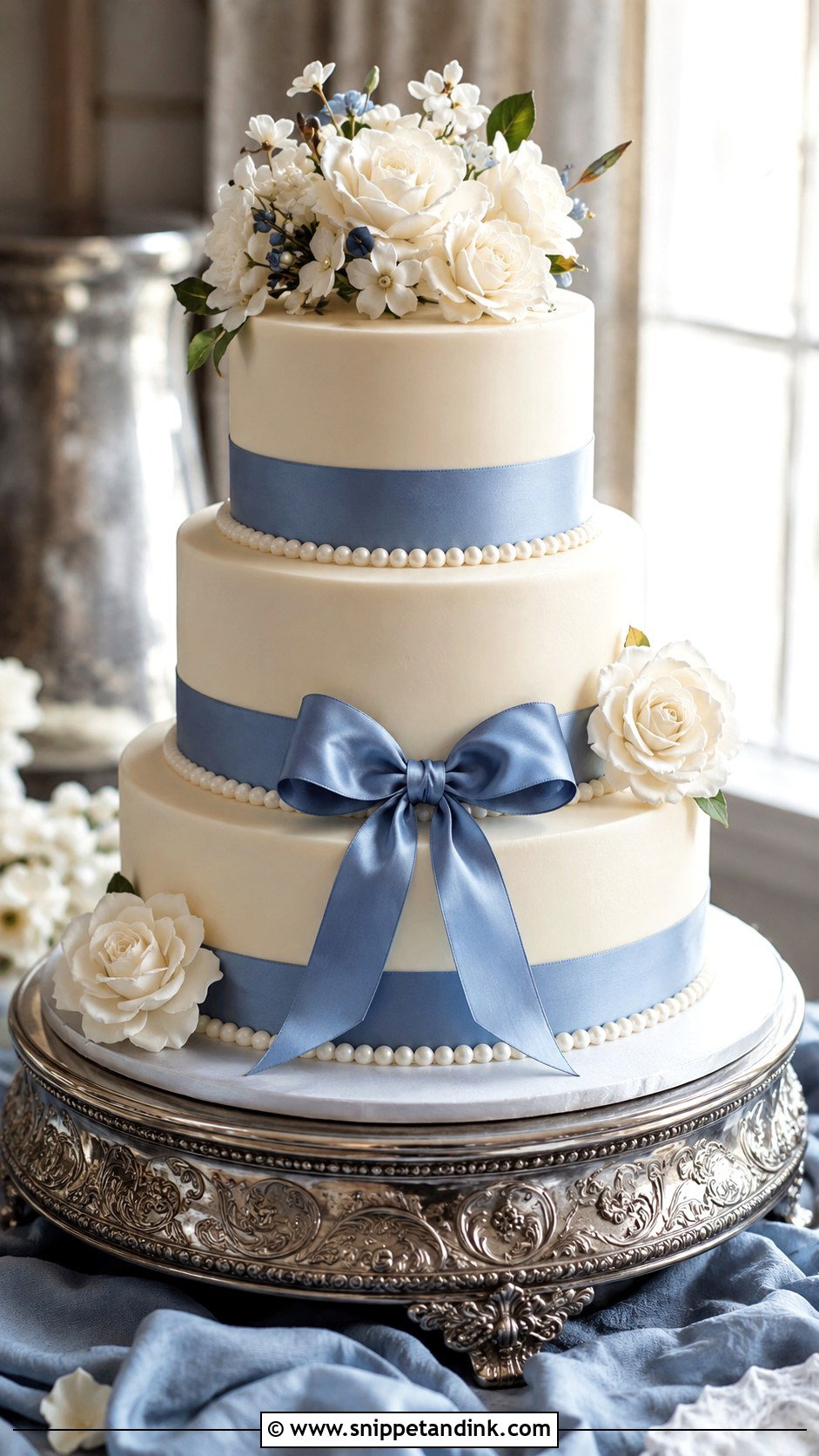 Blue Ribbon Wedding Cake - Snippet and Ink - 20 White and Blue Vintage Cake Ideas for Wedding