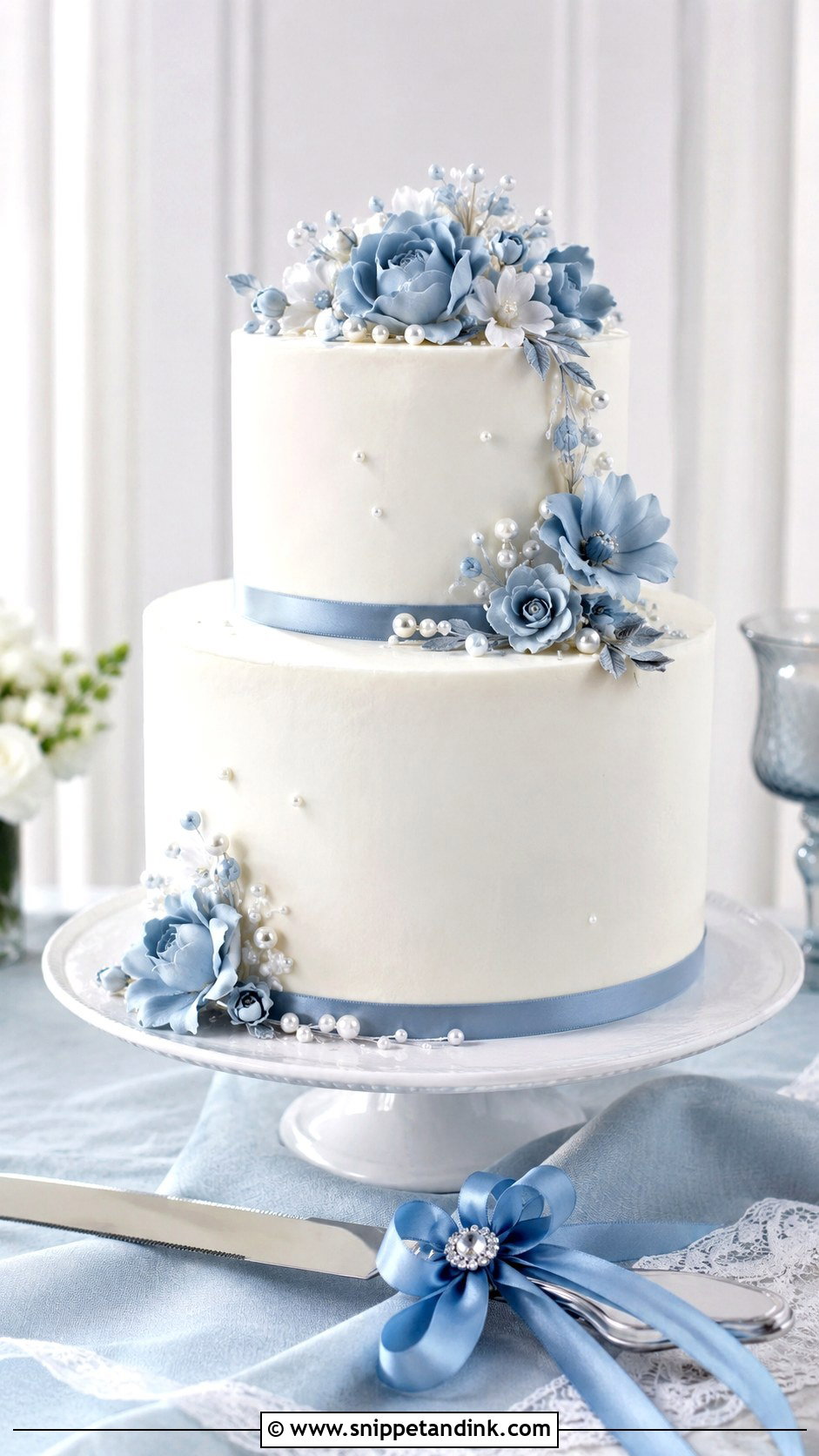 Blue Ribbon Wedding Cake Knife With Something Blue Cake - Snippet and Ink - 30 Wedding Cake Knife Decoration Ideas