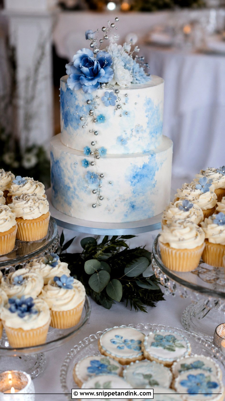 Blue Wedding Cake Table With Cupcakes - Snippet and Ink - 20 Wedding Cake Table Ideas with Cupcakes