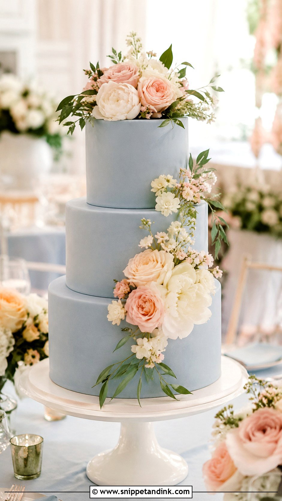 Blue Wedding Cake With Blush Flowers - Snippet and Ink - 20 Blue Wedding Cake Ideas
