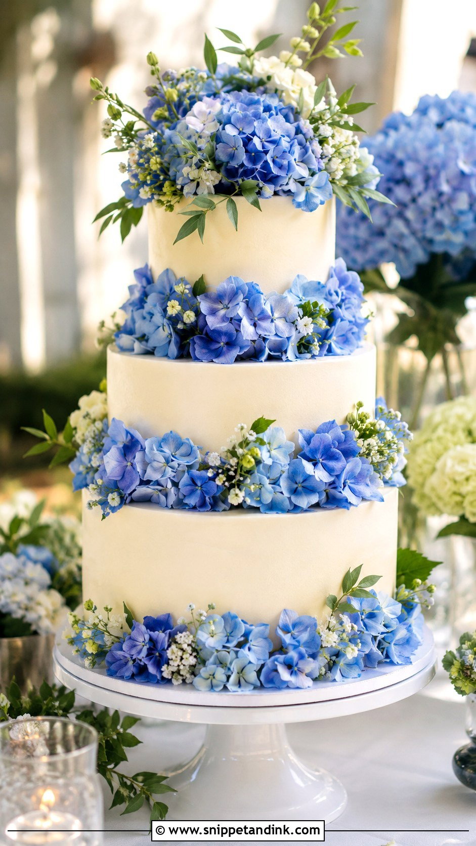 Blue Wedding Cake With Fresh Hydrangeas - Snippet and Ink - 20 Blue Wedding Cake Ideas