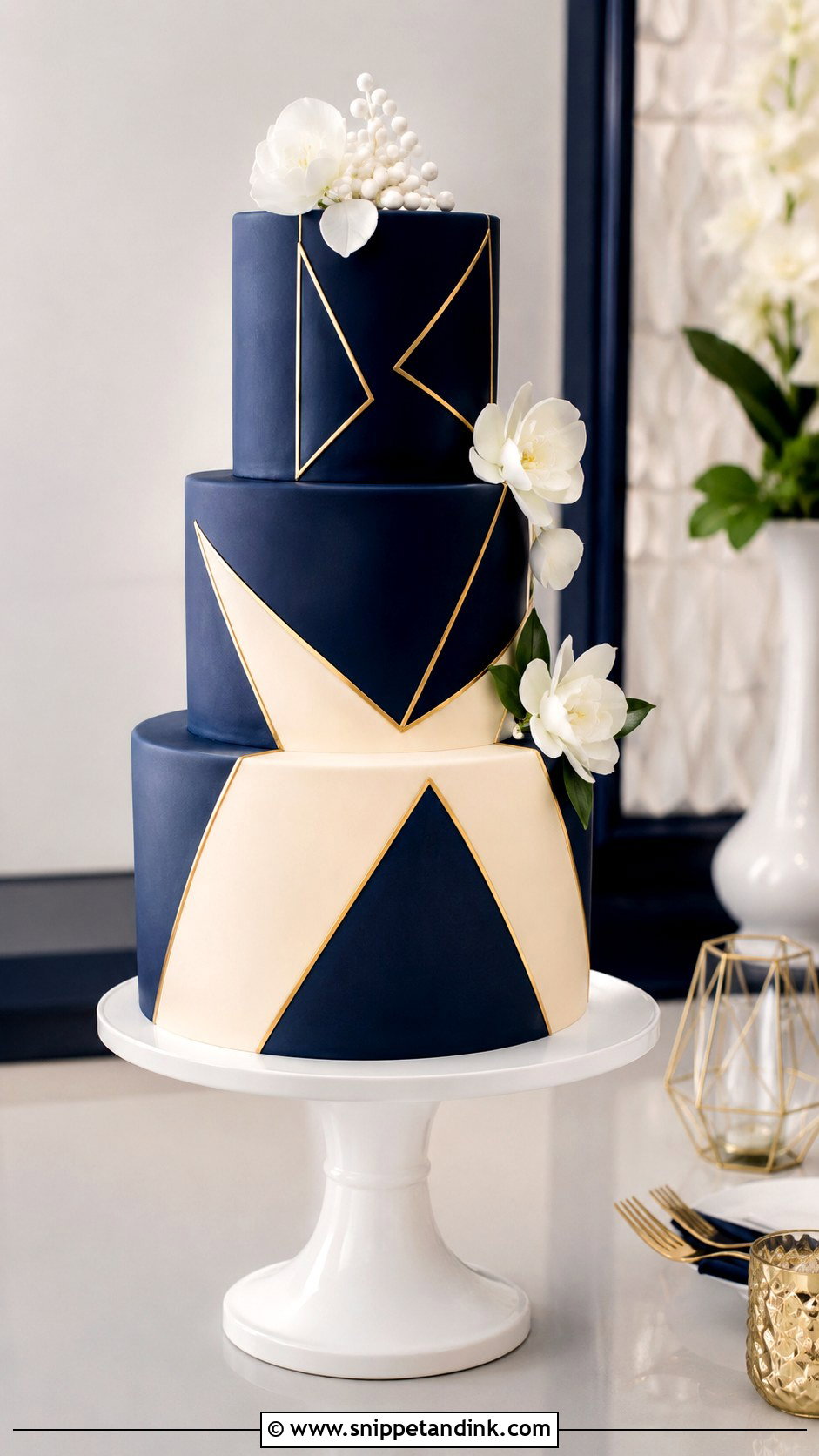 Blue Wedding Cake With Geometric Details - Snippet and Ink - 20 Blue Wedding Cake Ideas