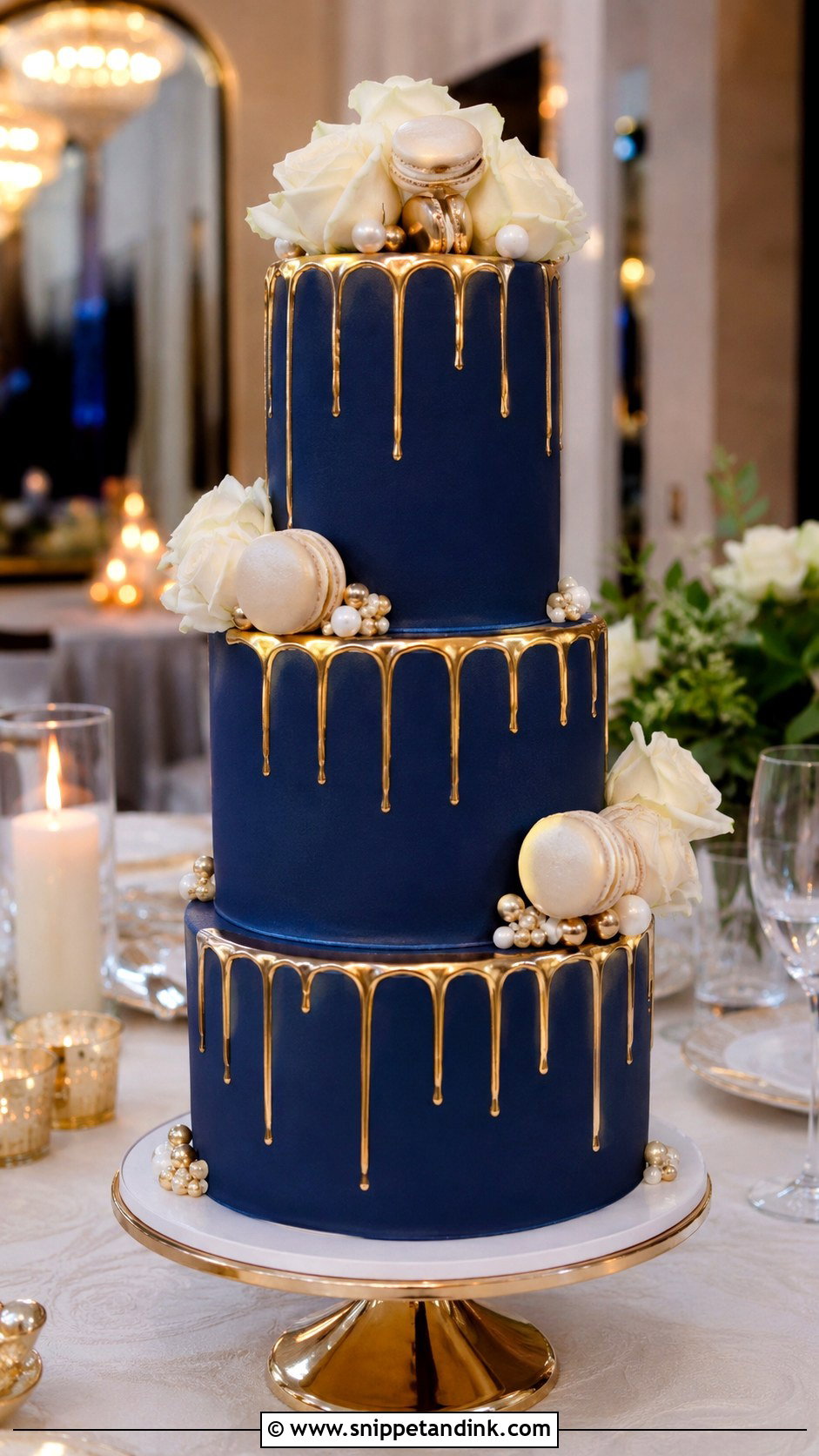 Blue Wedding Cake With Gold Drip - Snippet and Ink - 20 Blue Wedding Cake Ideas