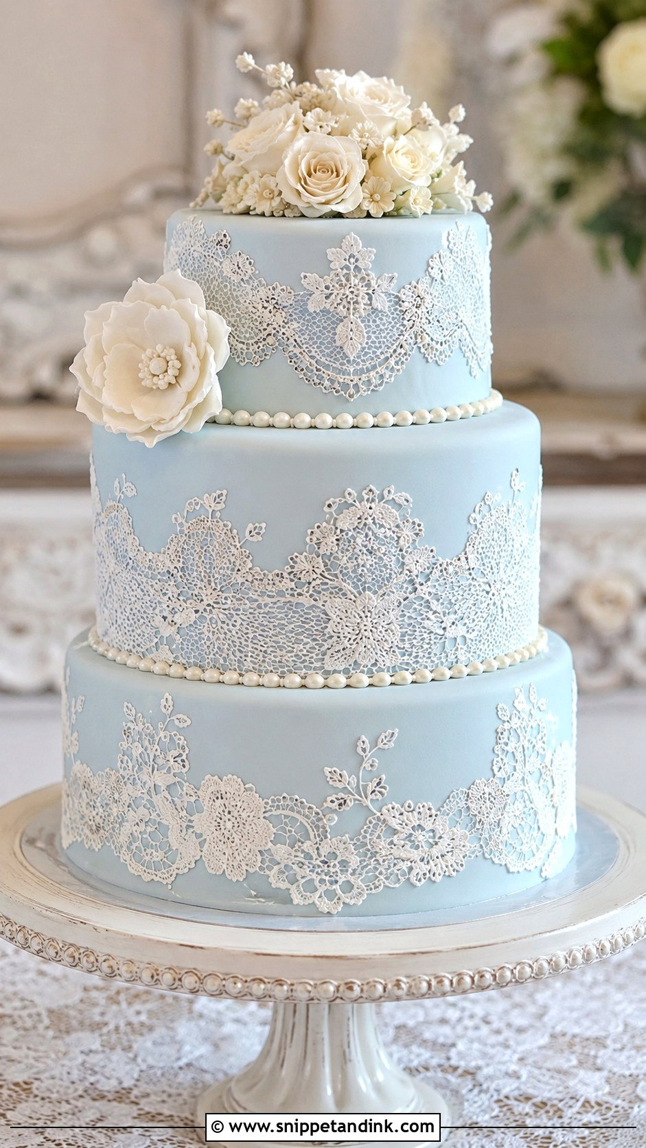 Blue Wedding Cake With Lace - Snippet and Ink - 20 Blue Wedding Cake Ideas