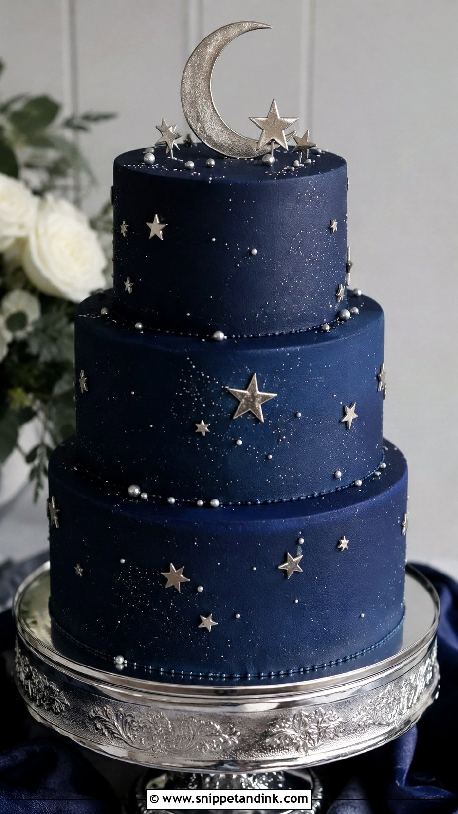 Blue Wedding Cake With Silver Stars - Snippet and Ink - 20 Blue Wedding Cake Ideas