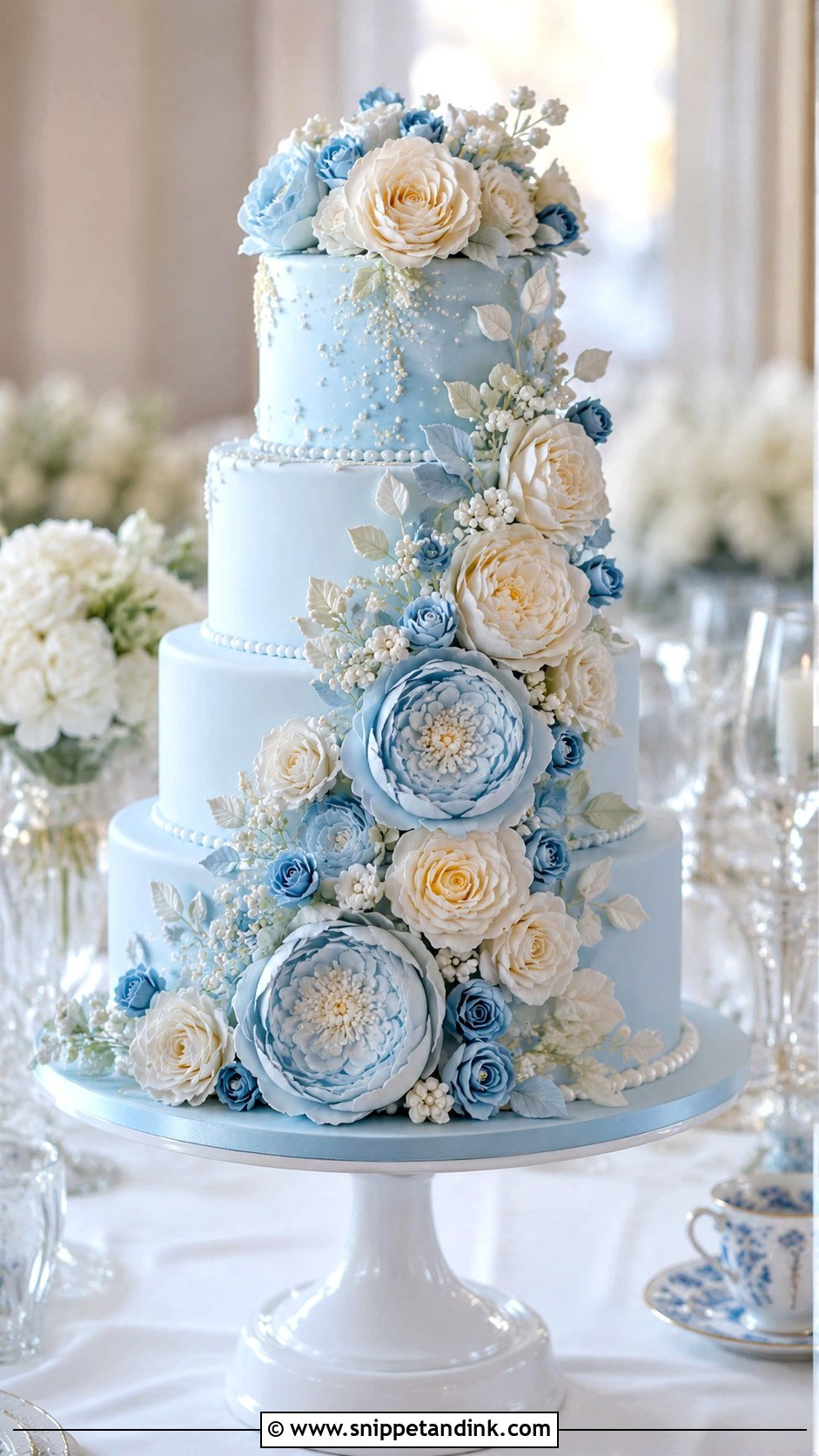 Blue Wedding Cake With Sugar Flowers - Snippet and Ink - 20 Blue Wedding Cake Ideas
