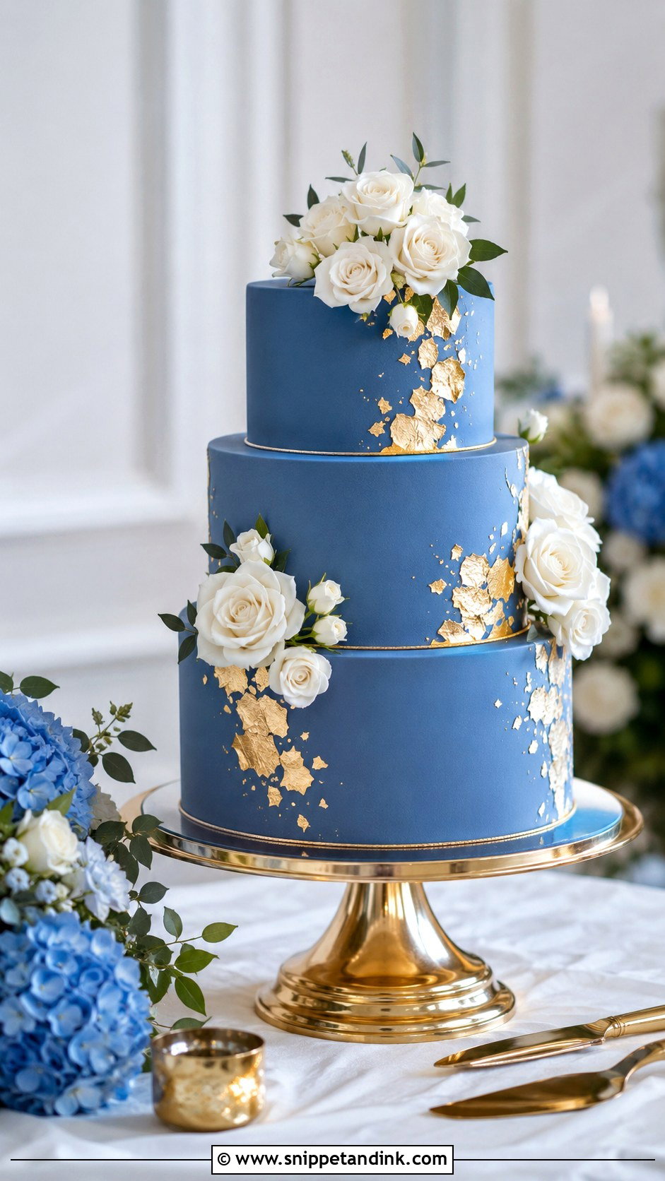 Blue Wedding Cake With White Roses And Gold - Snippet and Ink - 20 Blue White and Gold Cake Ideas for Wedding