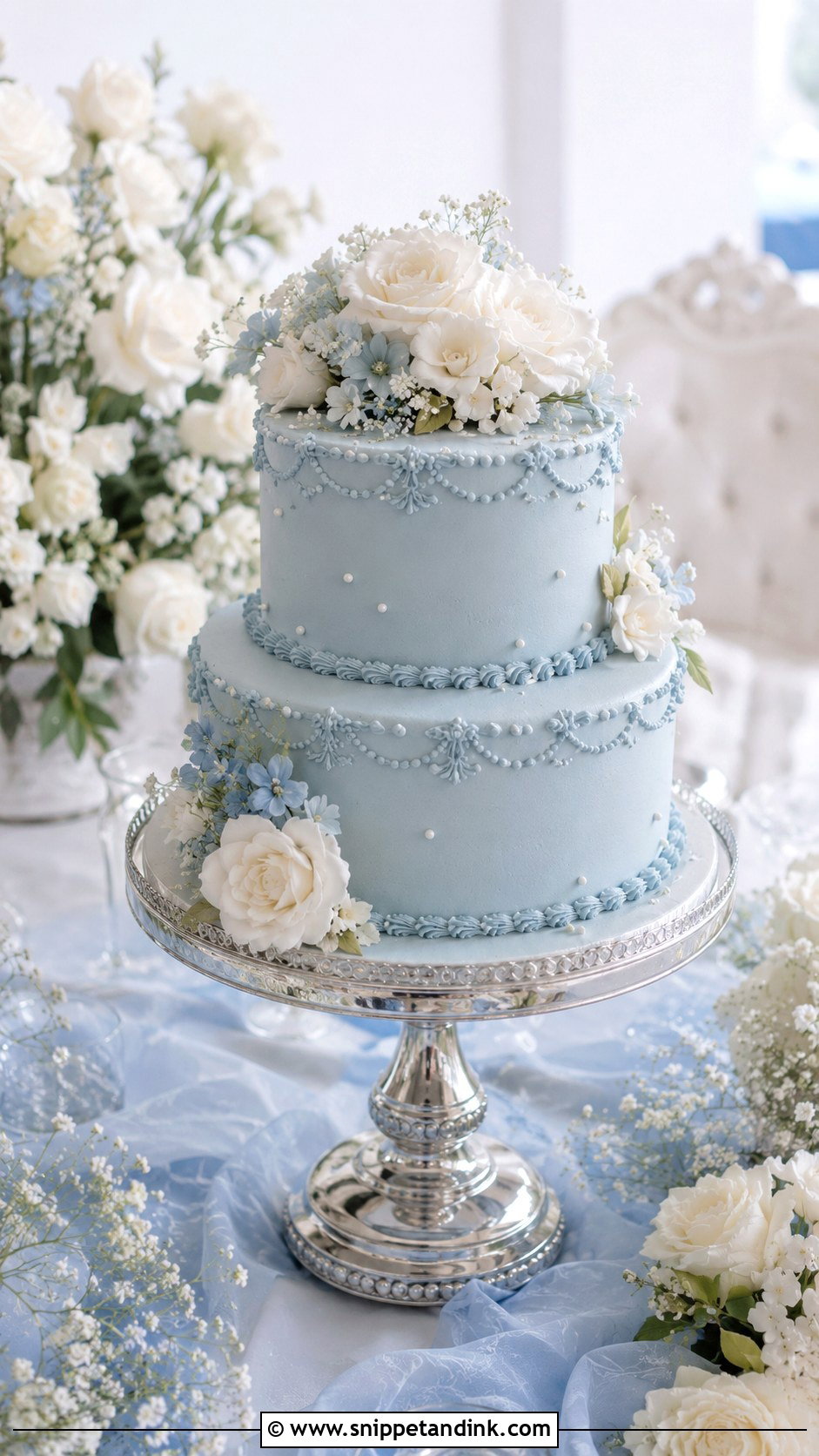 Blue Wedding Cake on Pedestal - Snippet and Ink - 20 Wedding Cake Ideas on Pedestals