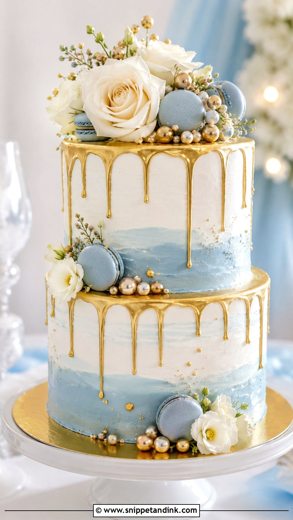Blue White And Gold Drip Wedding Cake - Snippet and Ink - 20 Blue White and Gold Cake Ideas for Wedding