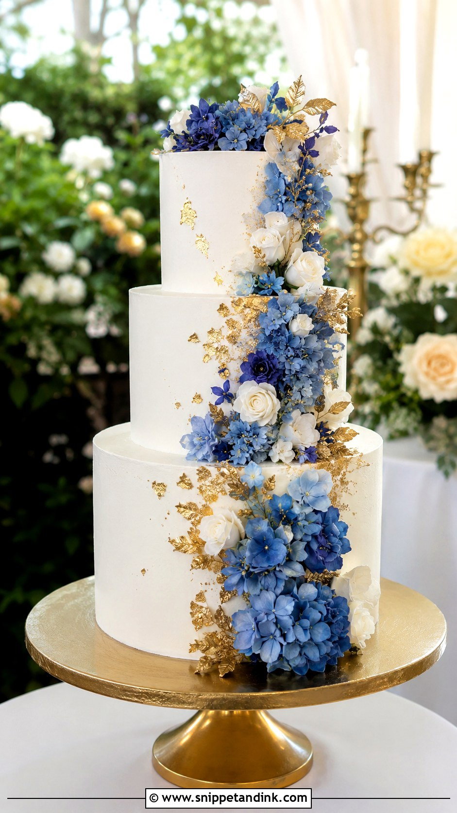 Blue White And Gold Floral Wedding Cake - Snippet and Ink - 20 Blue White and Gold Cake Ideas for Wedding