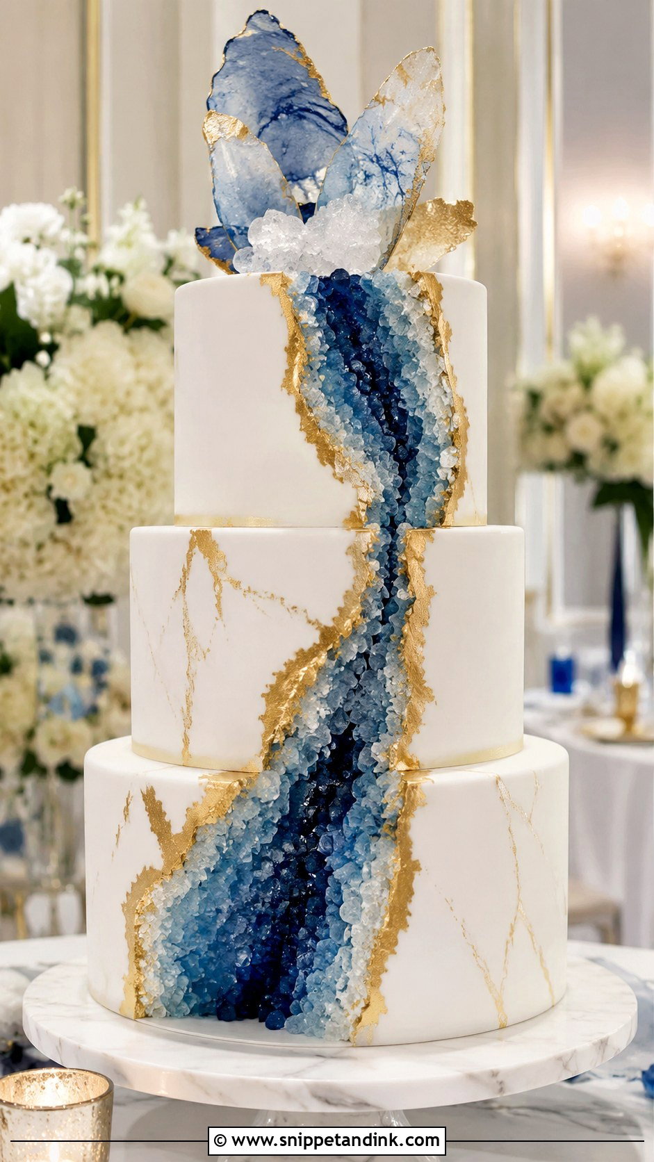 Blue White And Gold Geode Wedding Cake - Snippet and Ink - 20 Blue White and Gold Cake Ideas for Wedding