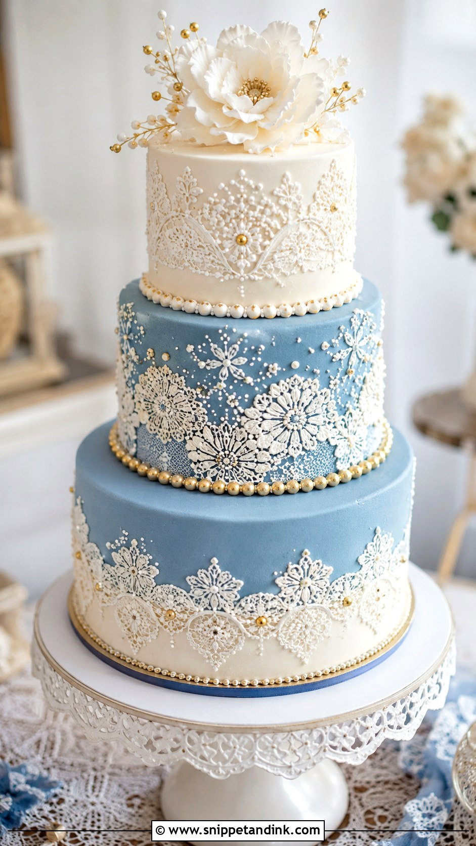 Blue White And Gold Lace Wedding Cake - Snippet and Ink - 20 Blue White and Gold Cake Ideas for Wedding