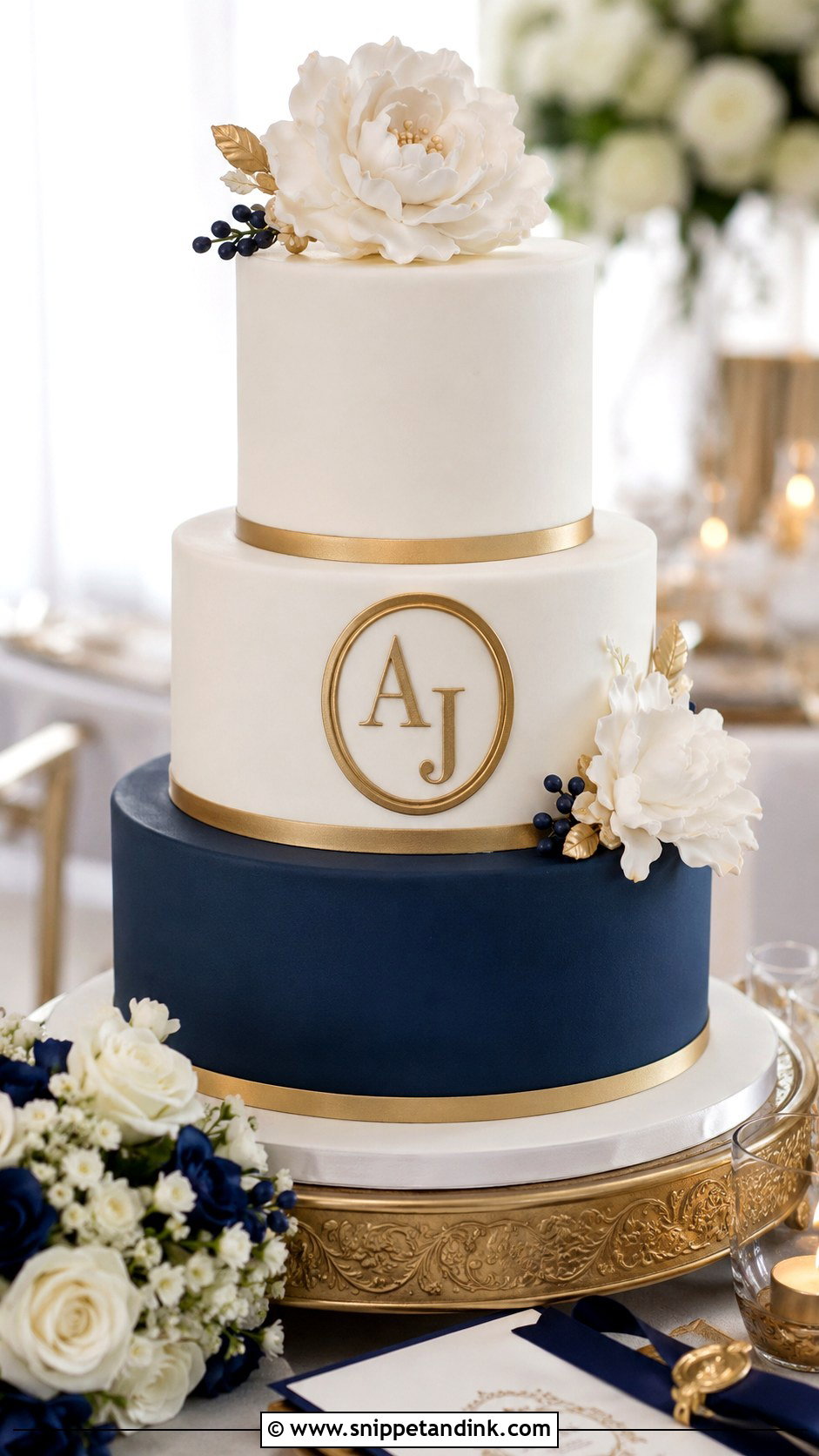 Blue White And Gold Monogram Wedding Cake - Snippet and Ink - 20 Blue White and Gold Cake Ideas for Wedding