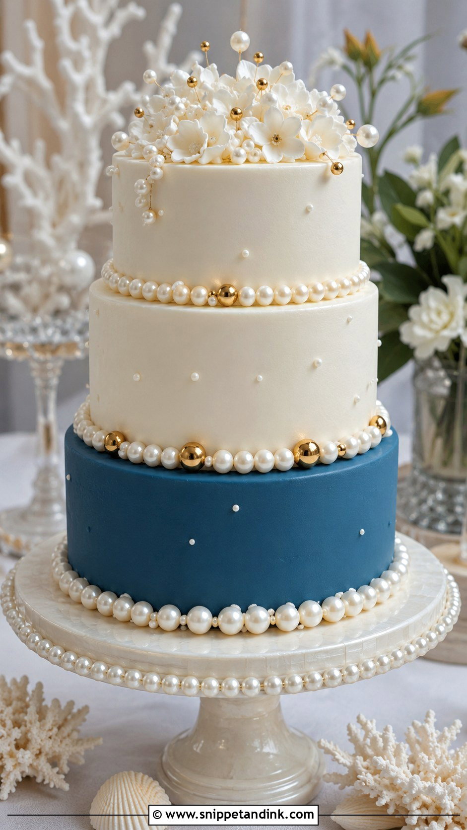 Blue White And Gold Pearl Wedding Cake - Snippet and Ink - 20 Blue White and Gold Cake Ideas for Wedding