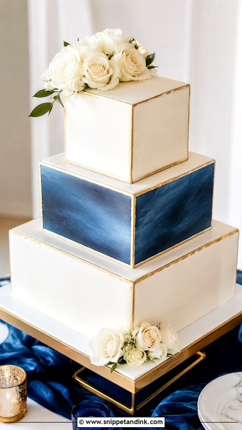 Blue White And Gold Square Wedding Cake - Snippet and Ink - 20 Blue White and Gold Cake Ideas for Wedding