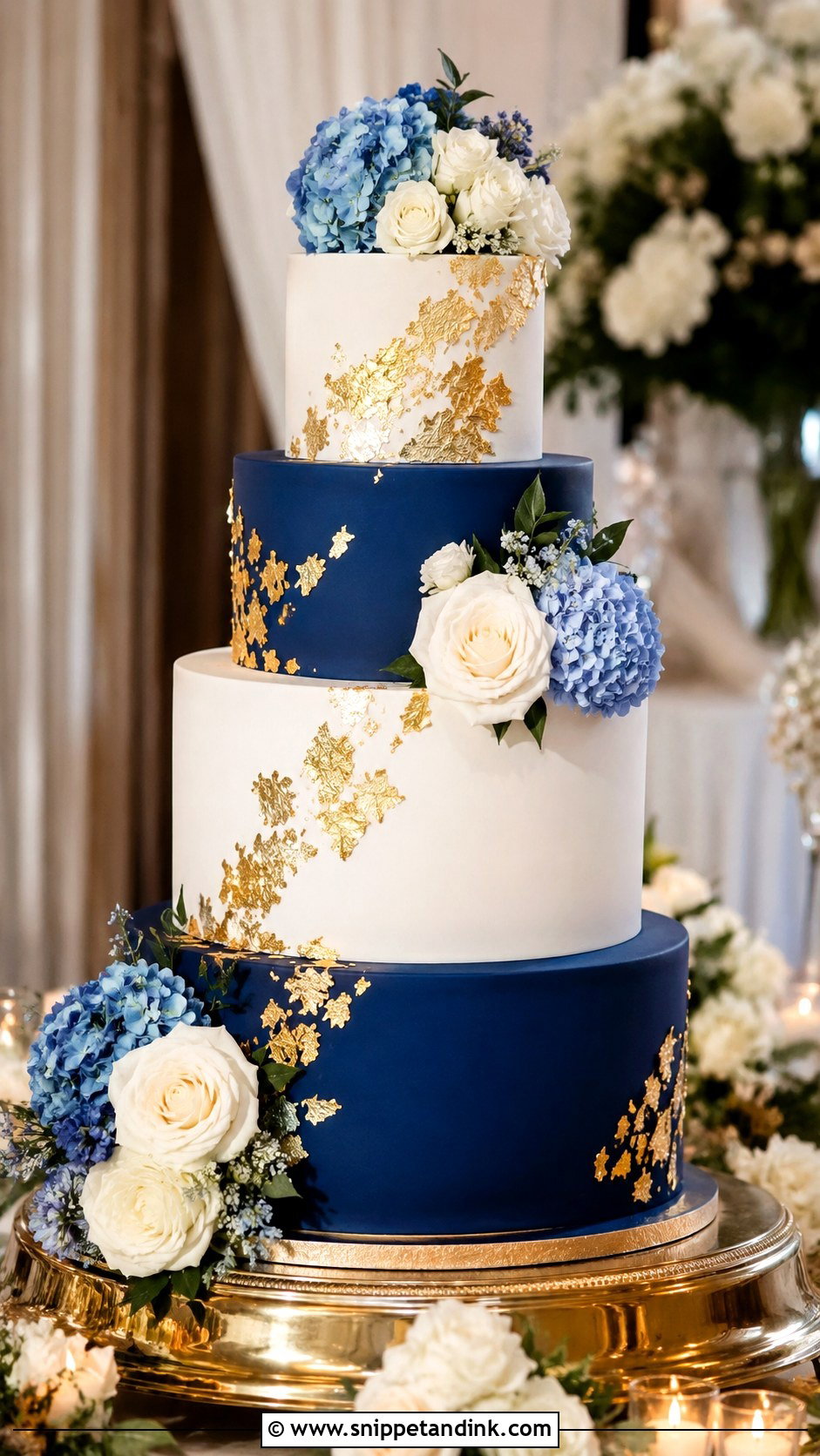 Blue White And Gold Tiered Wedding Cake - Snippet and Ink - 20 Blue White and Gold Cake Ideas for Wedding