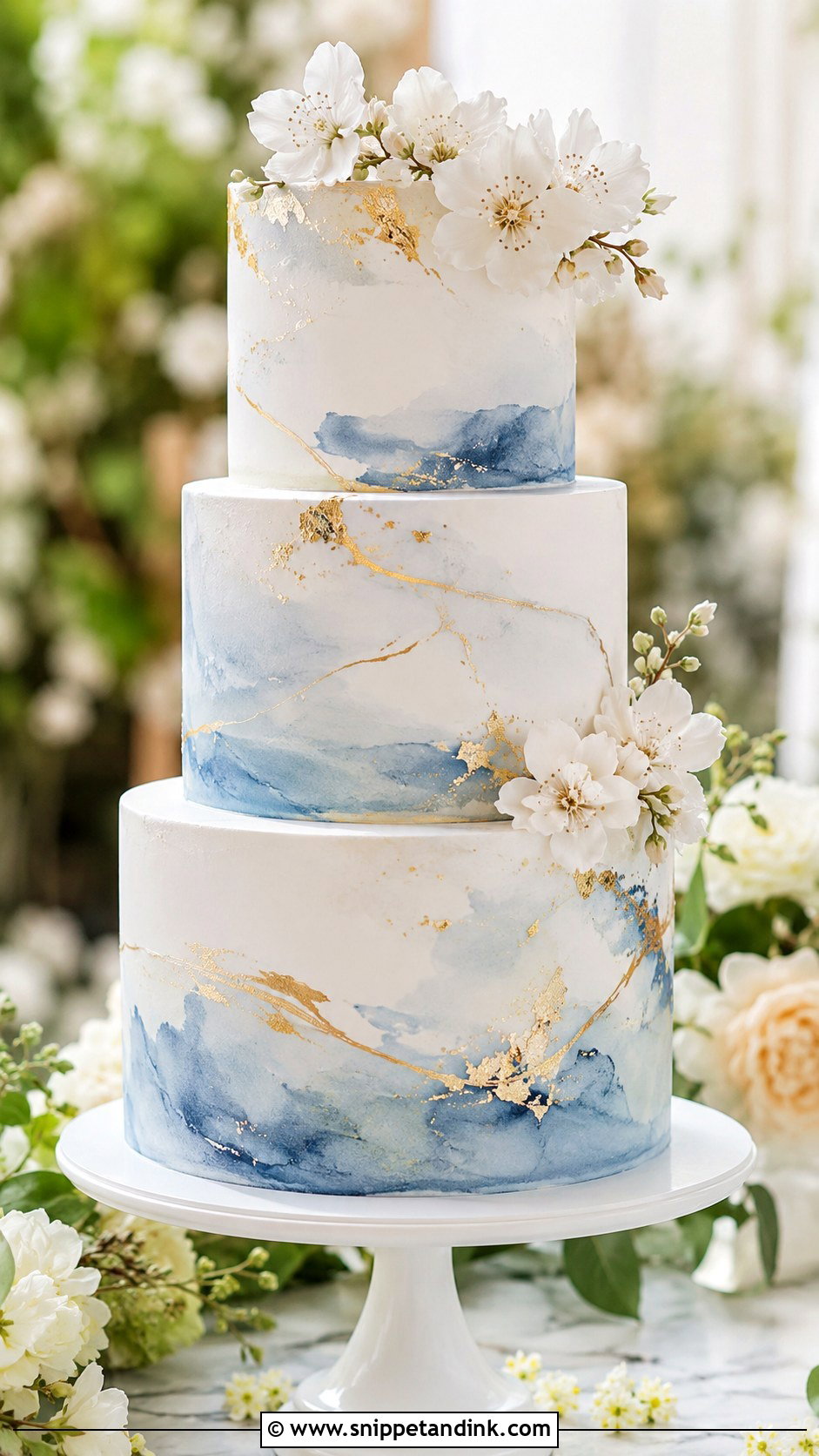 Blue White And Gold Watercolor Wedding Cake - Snippet and Ink - 20 Blue White and Gold Cake Ideas for Wedding