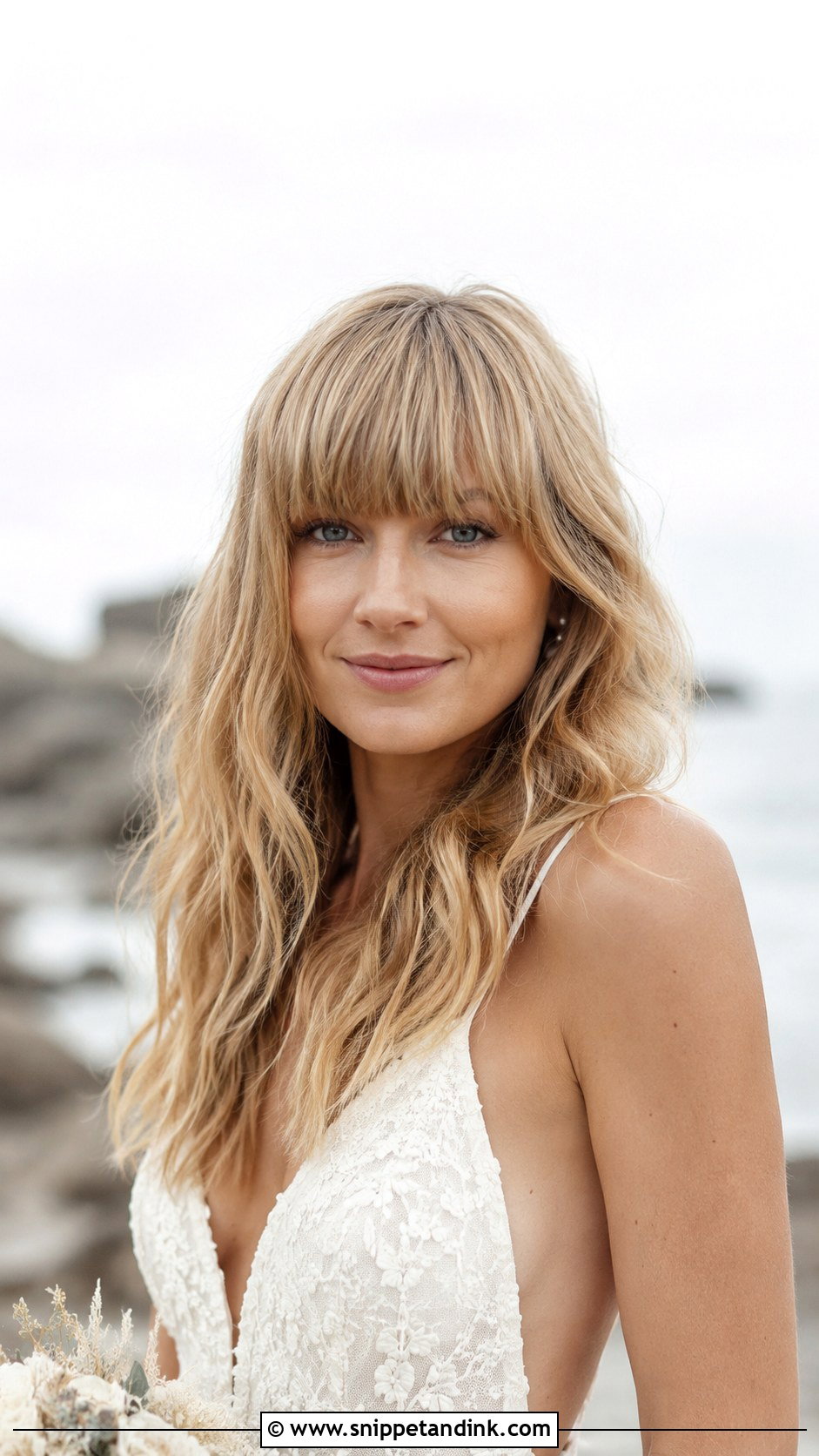 Blunt Bangs With Beachy Waves - Snippet and Ink - 30 Wedding Hair with Bangs Ideas
