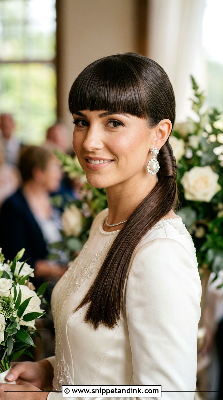 Blunt Bangs With Low Ponytail - Snippet and Ink - 20 Bridal Hair Bangs Ideas