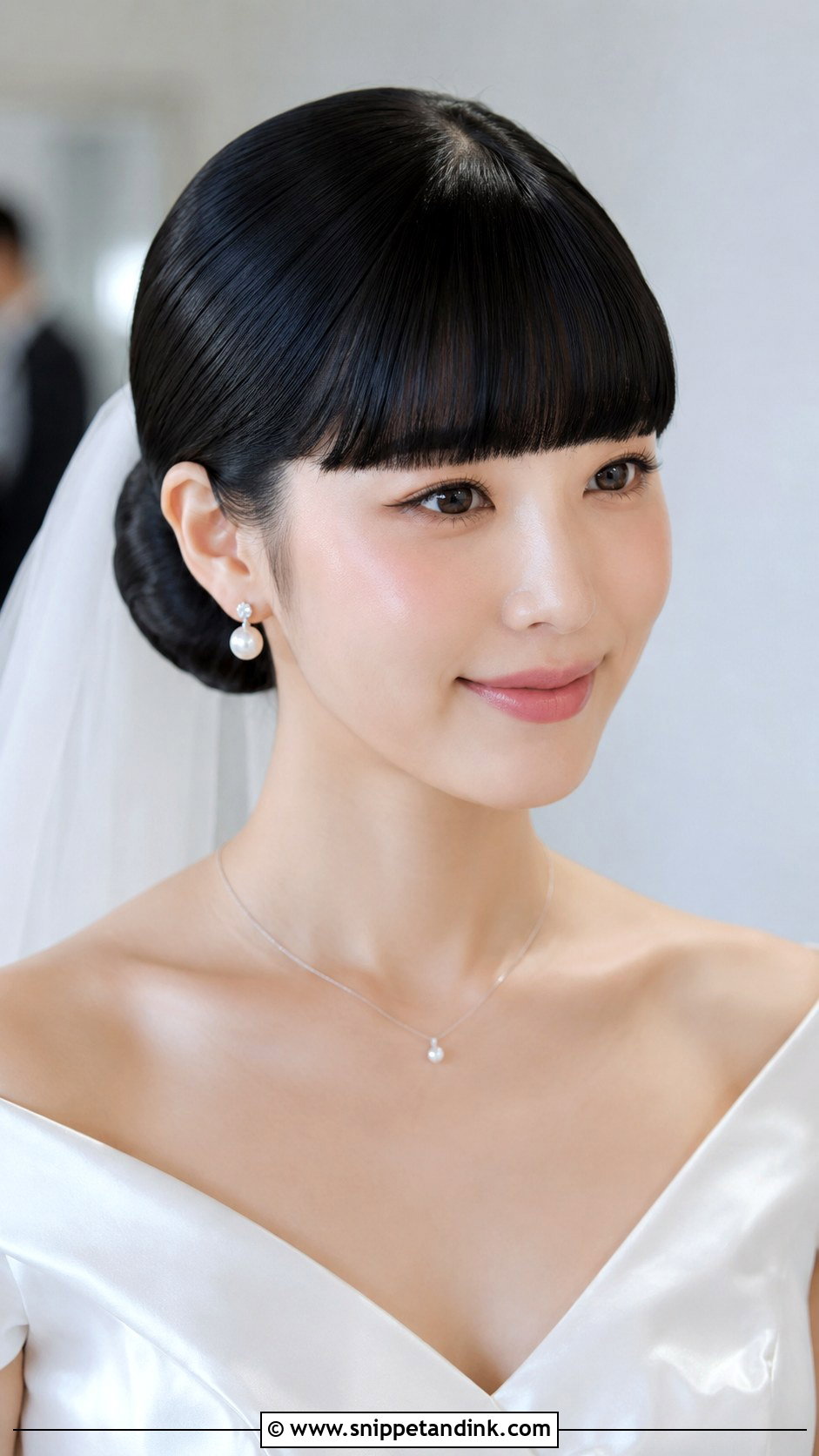 Blunt Bangs With Sleek Chignon - Snippet and Ink - 30 Wedding Hair with Bangs Ideas