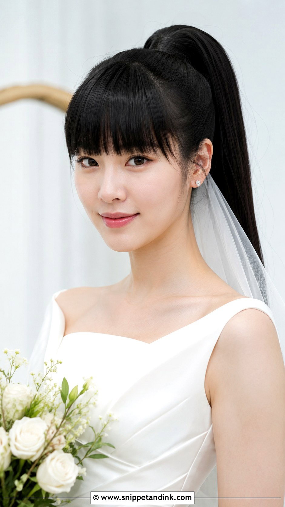 Blunt Bangs With Sleek Ponytail - Snippet and Ink - 25 Bride Hairstyles with Bangs