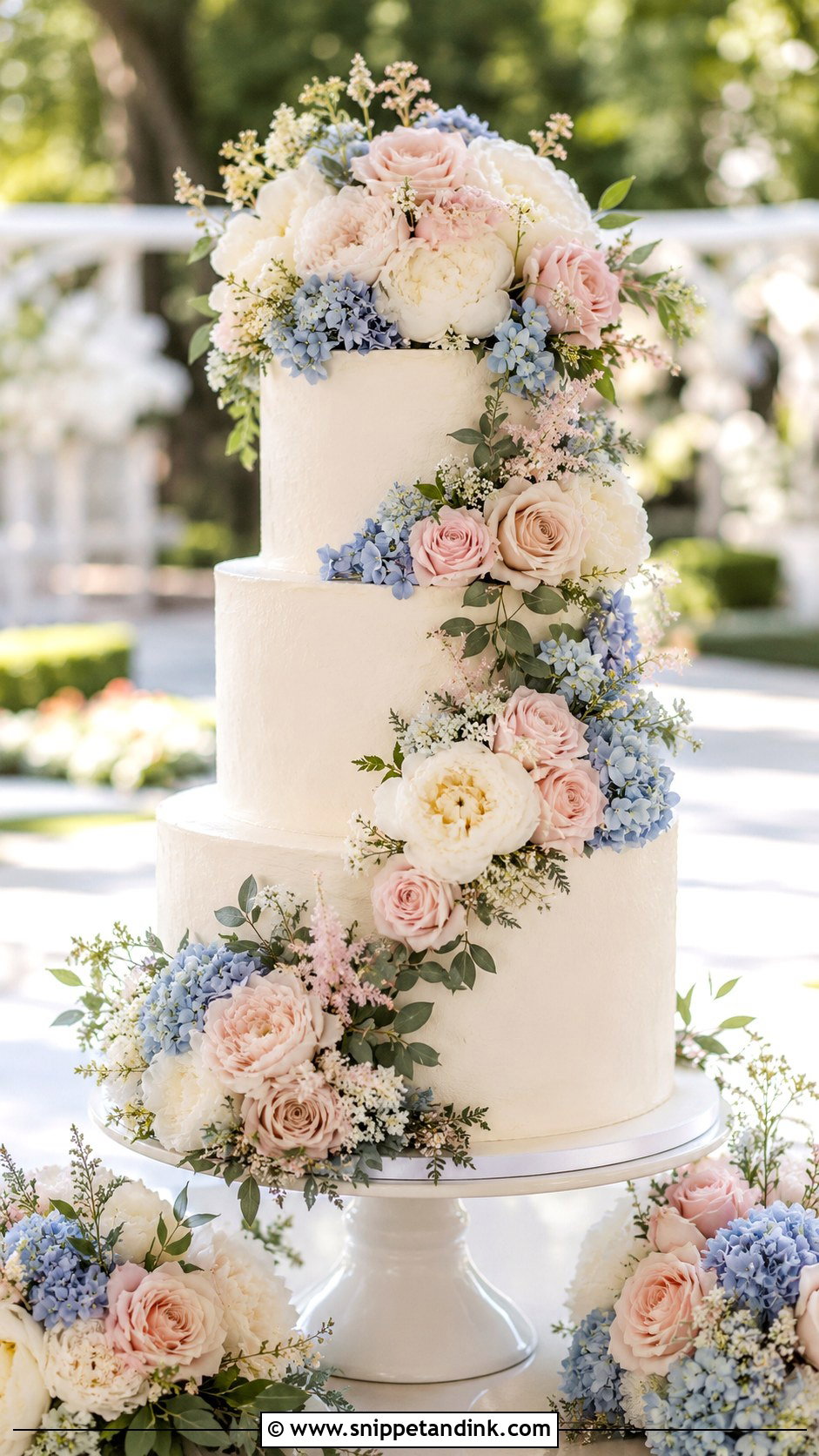 Blush And Blue Floral Wedding Cake - Snippet and Ink - 25 Blush and Blue Wedding Cake Ideas