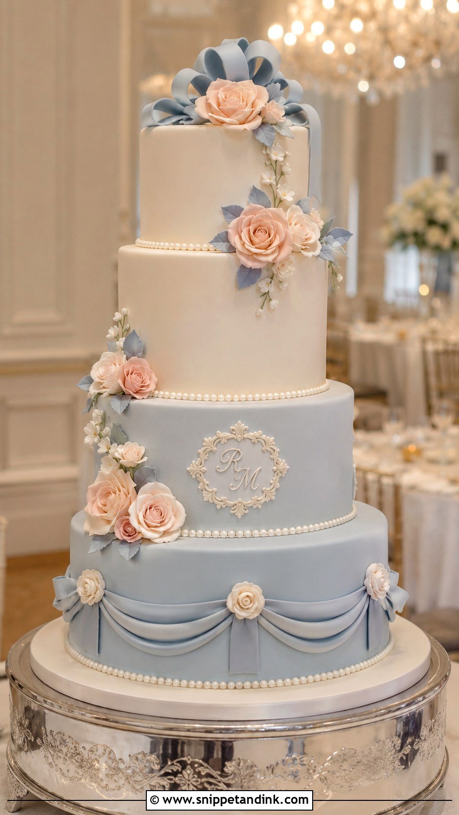 Blush And Blue Fondant Wedding Cake - Snippet and Ink - 25 Blush and Blue Wedding Cake Ideas