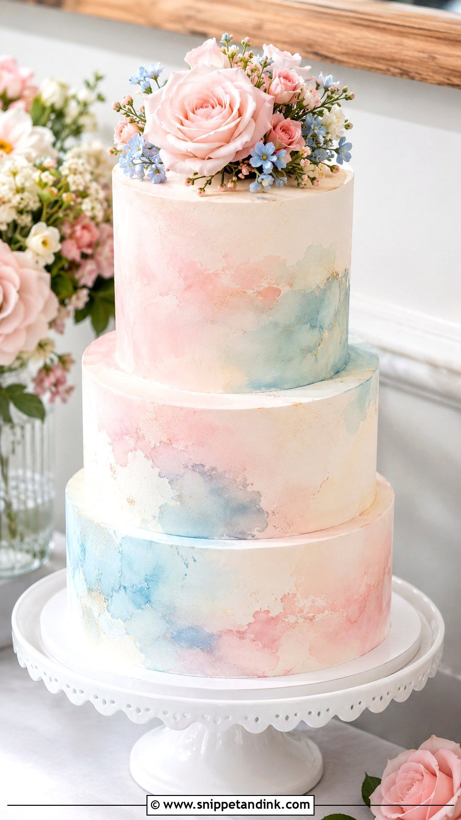 Blush And Blue Watercolor Wedding Cake - Snippet and Ink - 25 Blush and Blue Wedding Cake Ideas