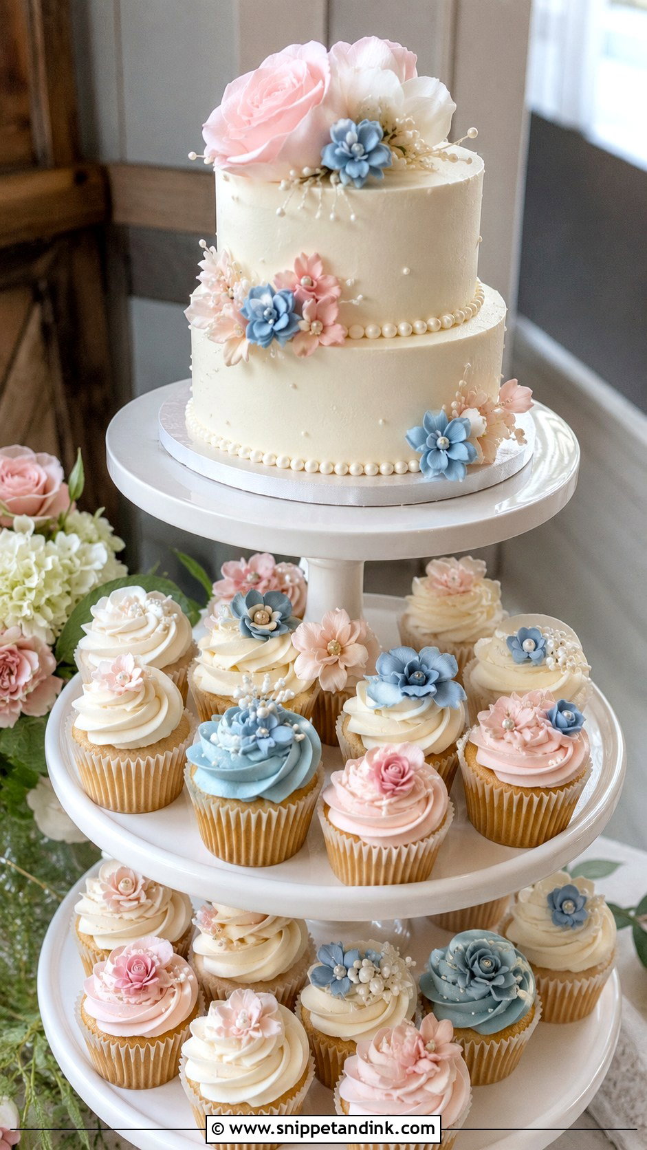Blush And Blue Wedding Cake With Cupcakes - Snippet and Ink - 25 Blush and Blue Wedding Cake Ideas