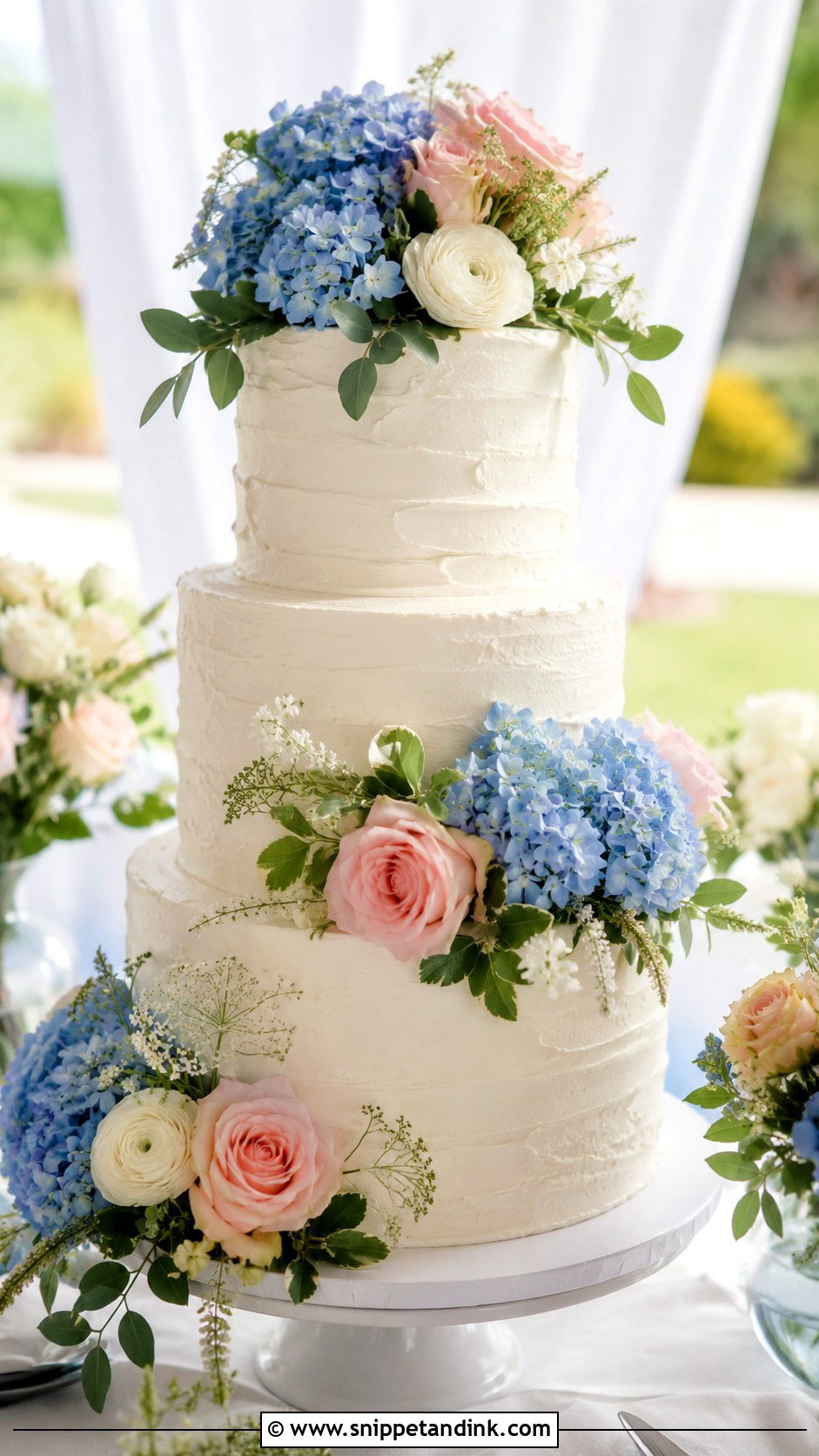 Blush And Blue Wedding Cake With Dusty Miller - Snippet and Ink - 25 Blush and Blue Wedding Cake Ideas